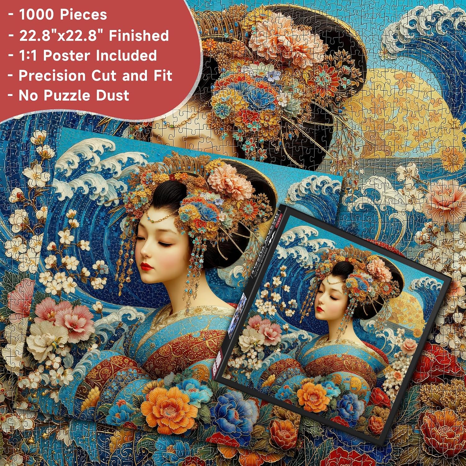 Japanese Geisha Mosaic Art 1000 Piece Jigsaw Puzzle for Adults - Traditional Ukiyo-e Inspired Scene with Poster & Lettered Back, 22.8" Square HD Quality, Unique Gift for Art & Culture Lovers