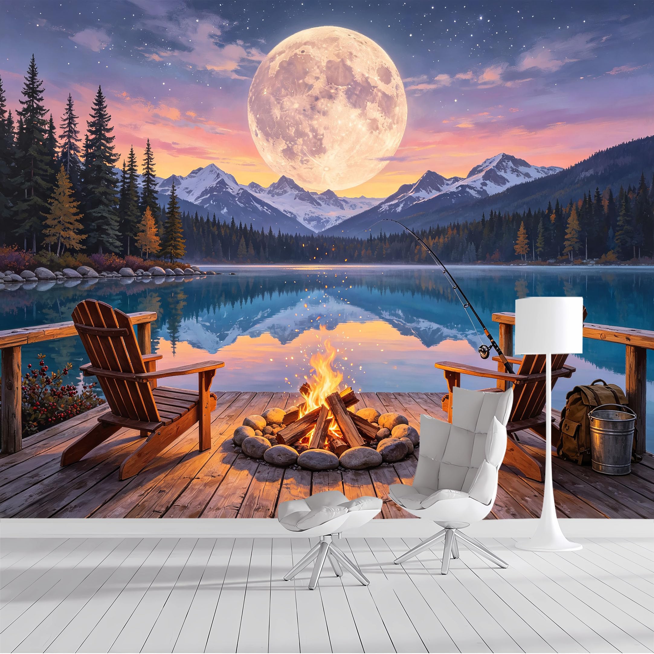 Custom Size Wall Mural Moonlit Mountain Lake Campfire SelfAdhesive Wall Fabric Removable Peel and Stick Wallpaper Wall Decor for Living Room Bedroom Bathroom