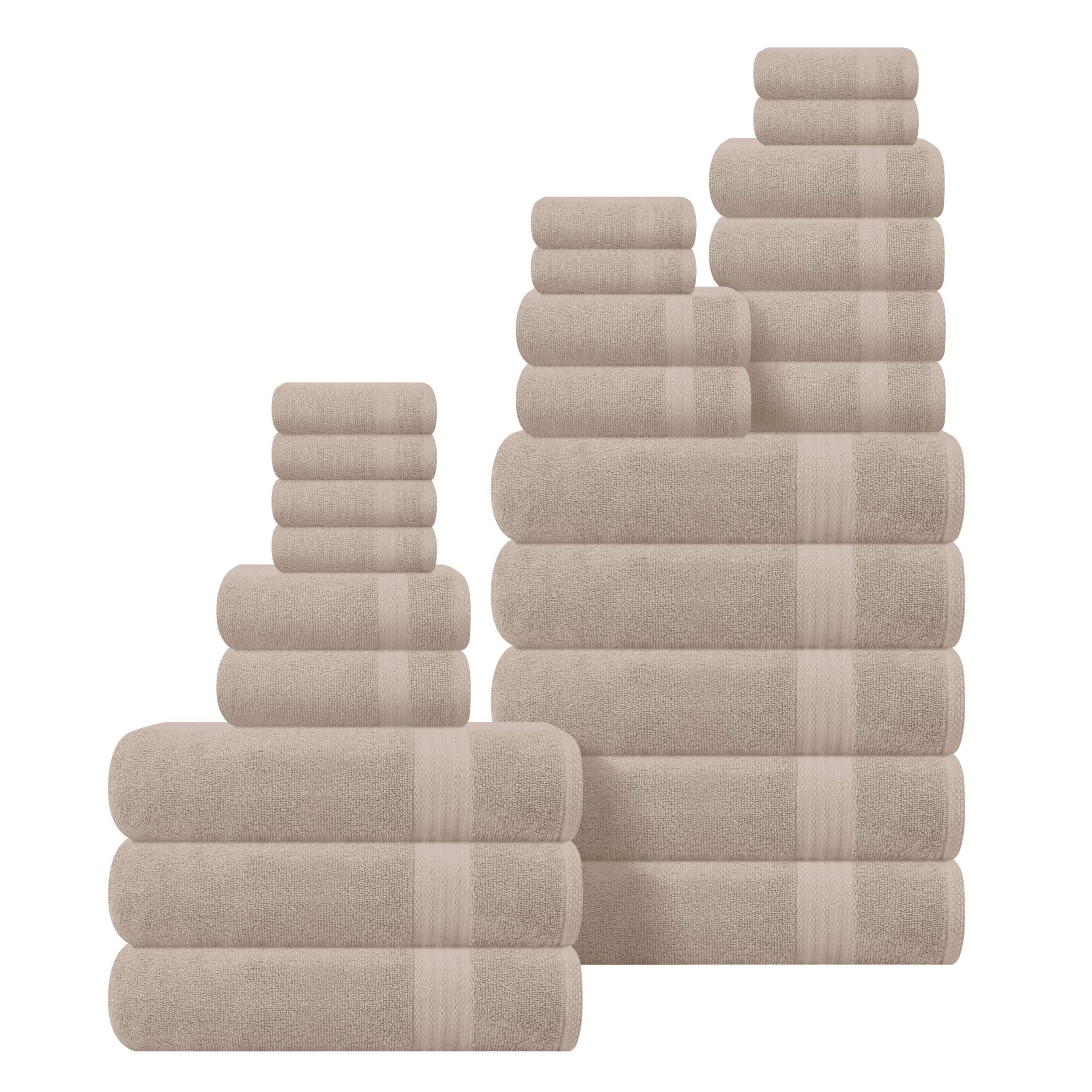 GLAMBURG Ultra Soft 24-Piece Towel Set - 100% Pure Ringspun Cotton, Contains 8 Oversized Bath Towels 27x54, 8 Hand Towels 16x28, 8 Wash Cloths 13x13 - Ideal for Everyday use, Hotel &amp; Spa - Tan