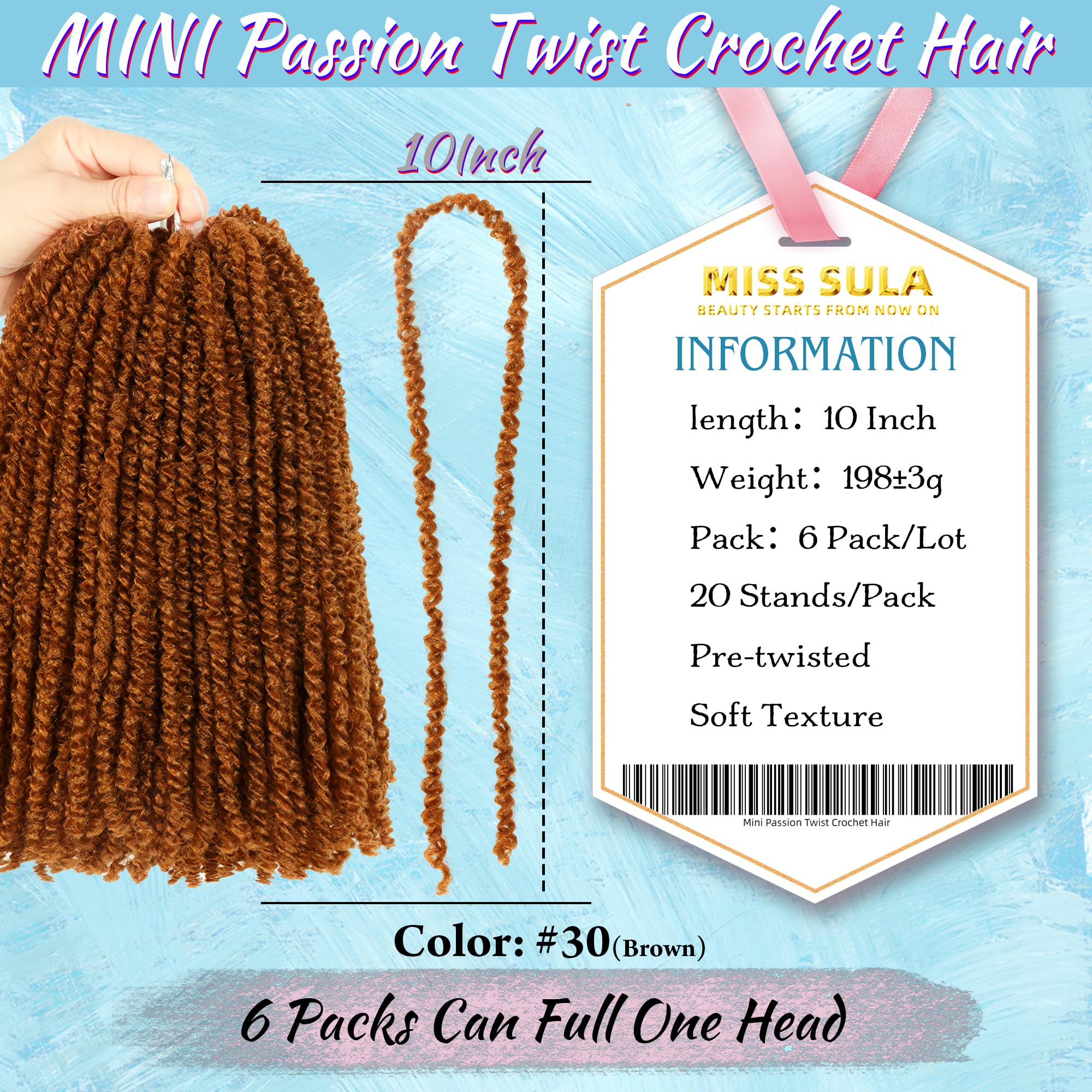 Lot de 6 paquets d'extensions de cheveux Passion Twist au crochet pour femme noire, pré-torsadés, élastiques et coupables, tressés par boucle bohème douce (25,4 cm - 6P, brun pur, 30#)