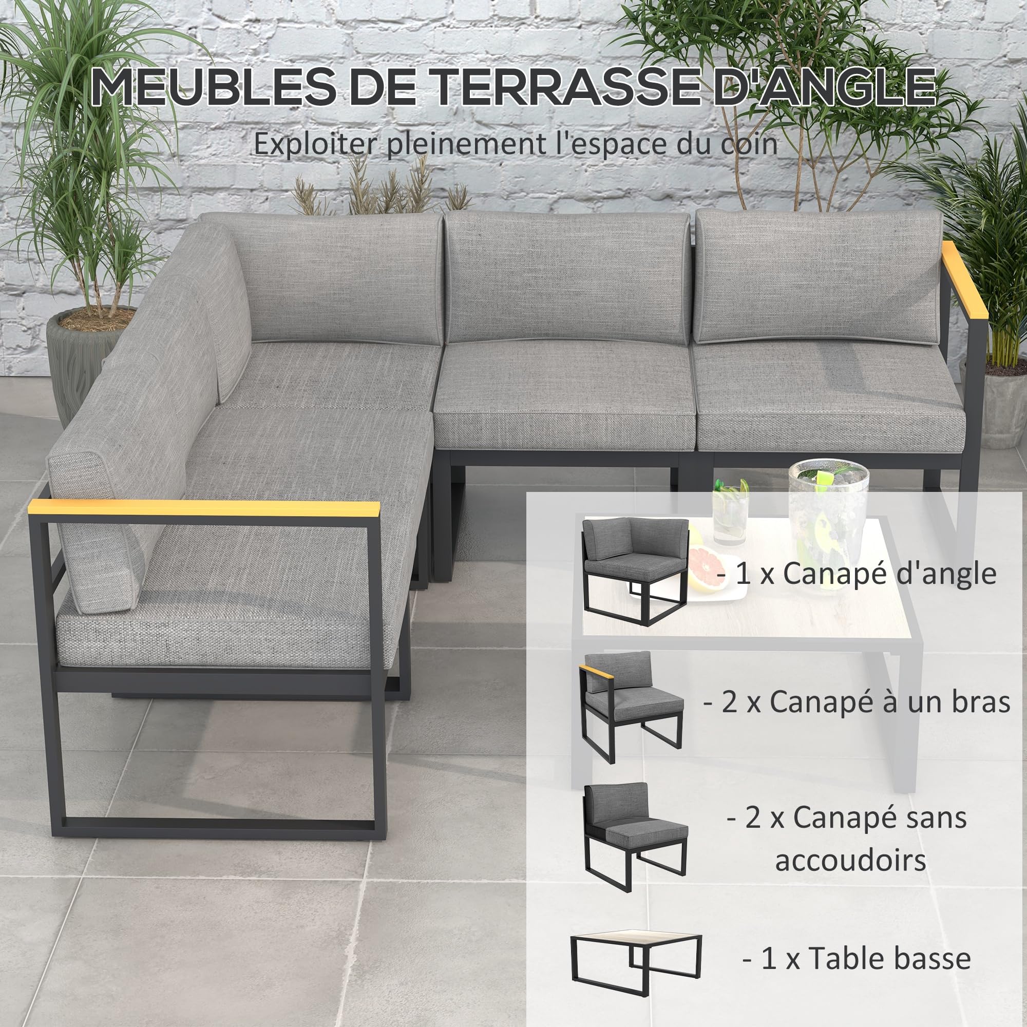 Outsunny 6 Piezas de diseño contemporáneo al Aire Libre Esquina Muebles de jardín para 5 Personas - Aluminio - Gran Comodidad