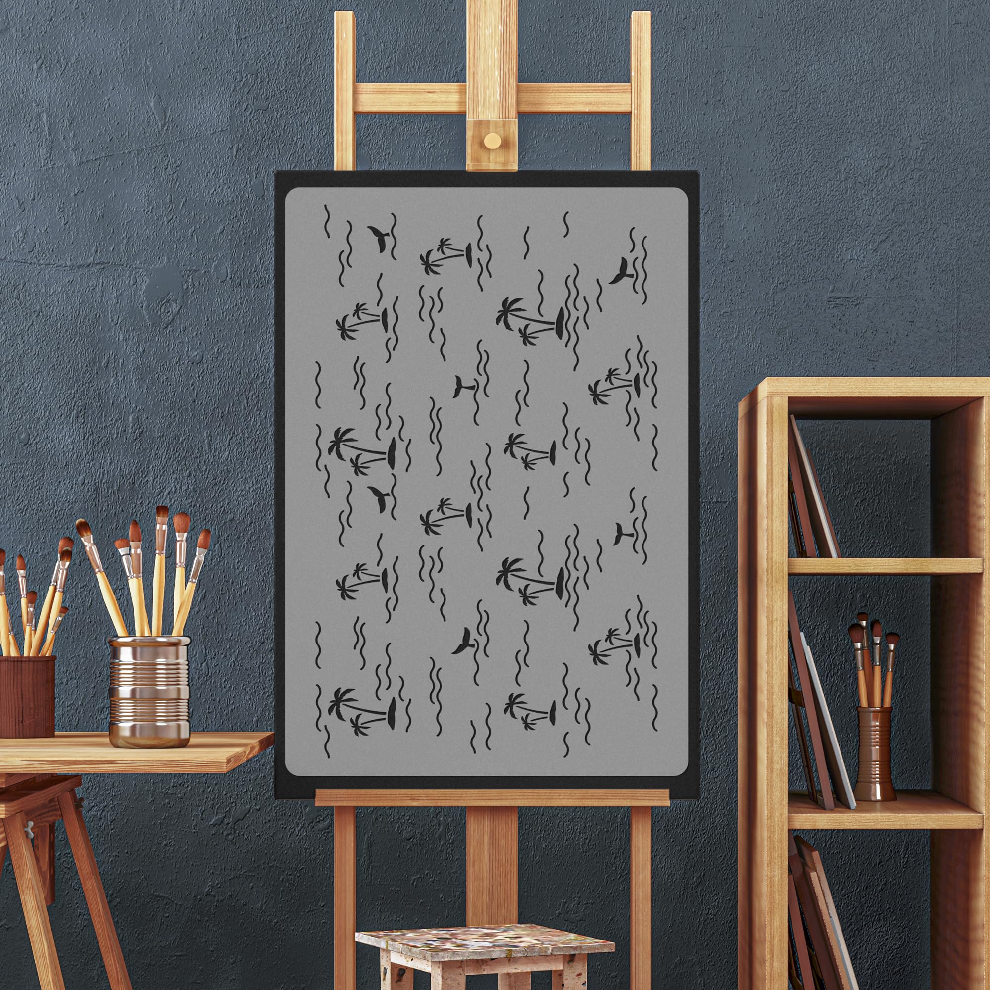 NAKLEO Pochoir Mural pour Peinture Grand Format 59x95cm, Modèle Répétitif en Plastique, Réutilisable, Îles Océaniques Palmier Enfants Géométrique, DIY Bricolage Artisanat Décoration a Peindre