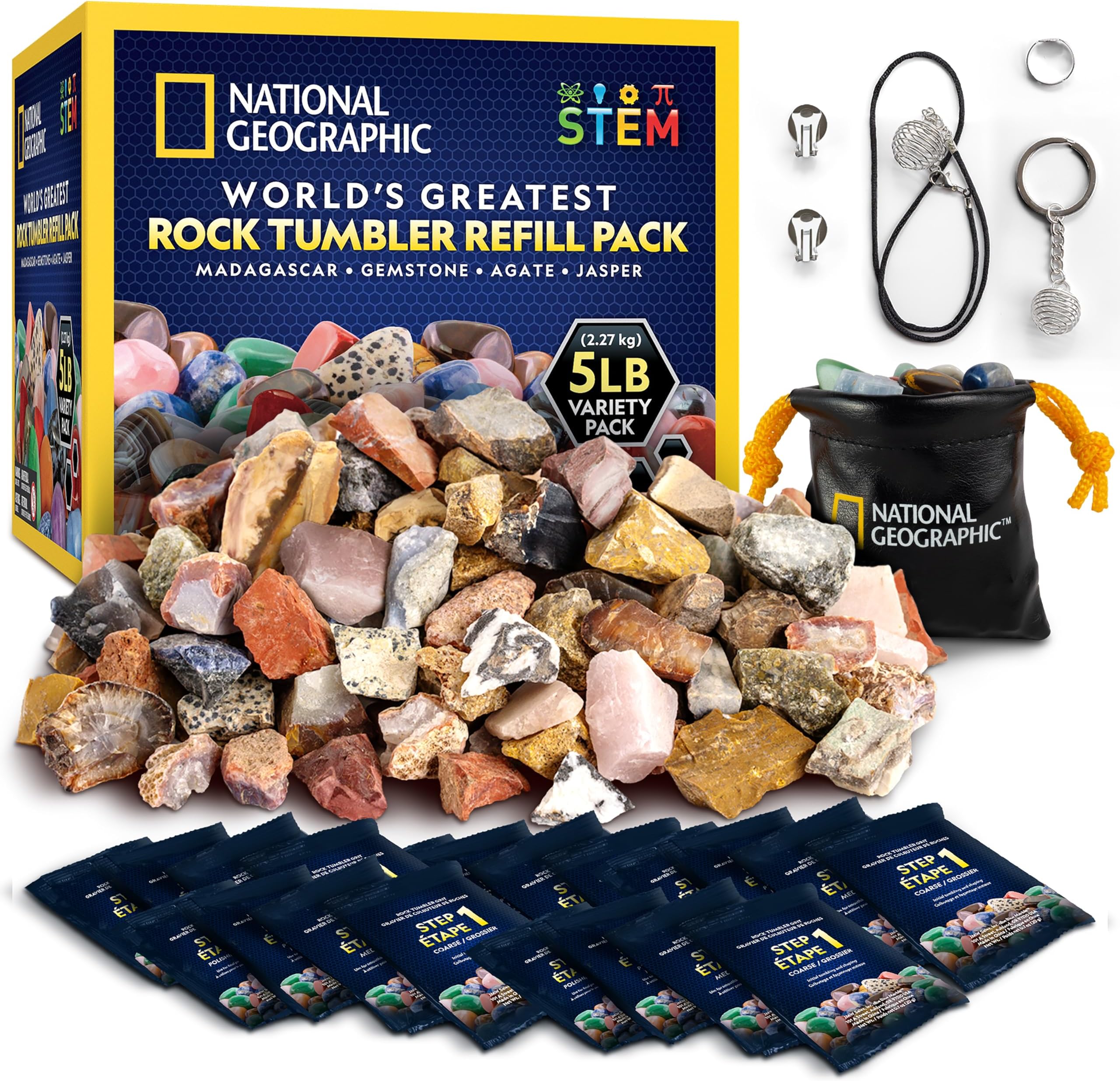Blue Marble NATIONAL GEOGRAPHIC Rock Tumbler Refill Kit - 5 lb. Mix of Rocks for Tumbling and Rough Gemstones - Rock Tumbler Supplies include Rock Tumbler Grit and Polish Refill, and Unpolished Rocks