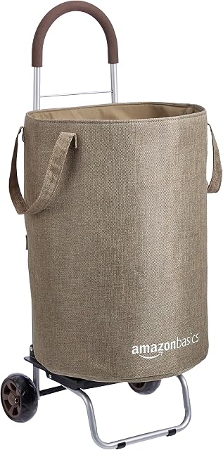 Amazon Basics Rolling Laundry Basket Cart Converts into Dolly, 91 cm Handle Height, Brown
