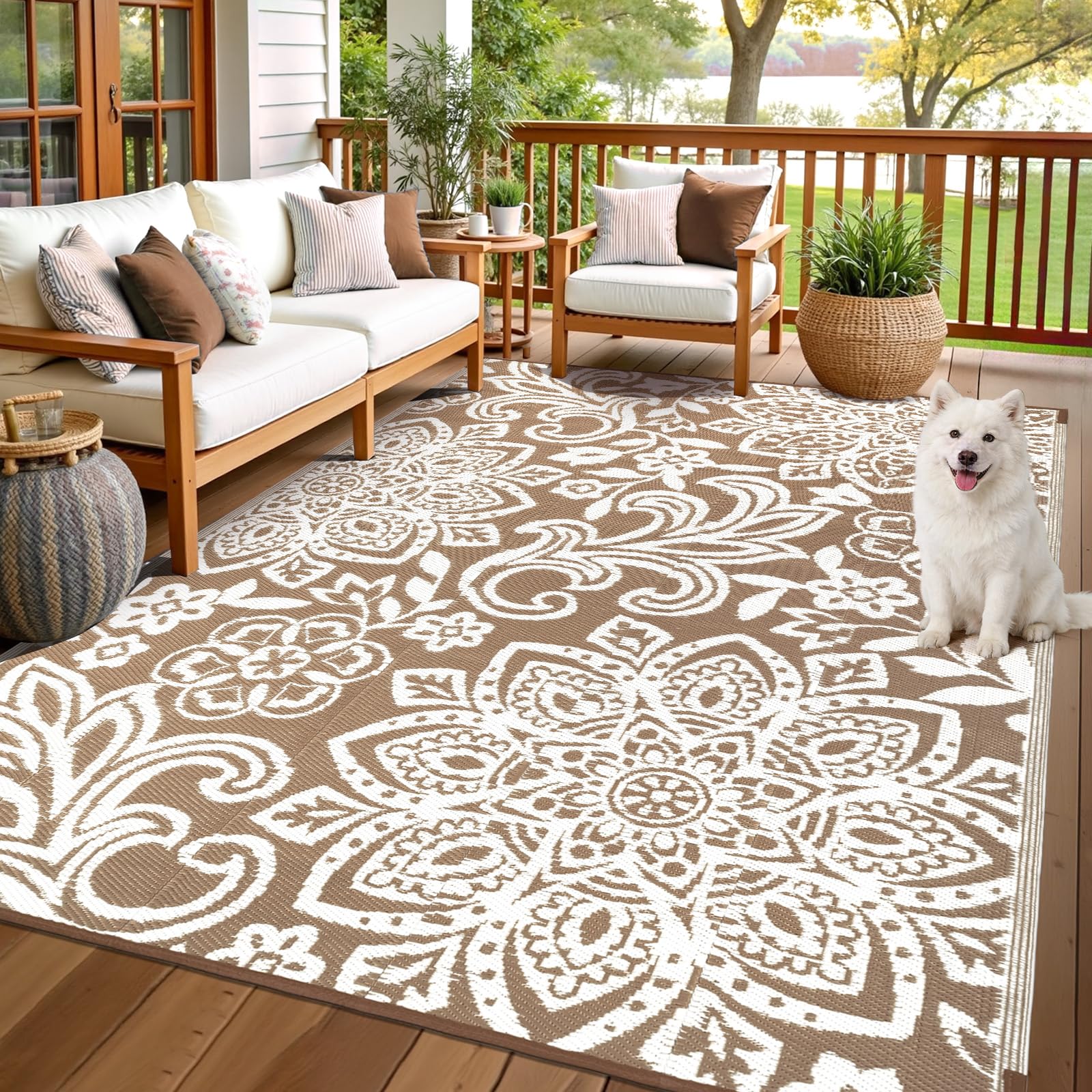 Findosom Waterproof Outdoor Rug 6' x 9' - Reversible Mandala Outdoor Plastic Straw Rug, Durable Foldable Patio Rug for RV, Deck, Balcony, Backyard, Picnic, Porch, Camping, Beach, Brown-image-38
