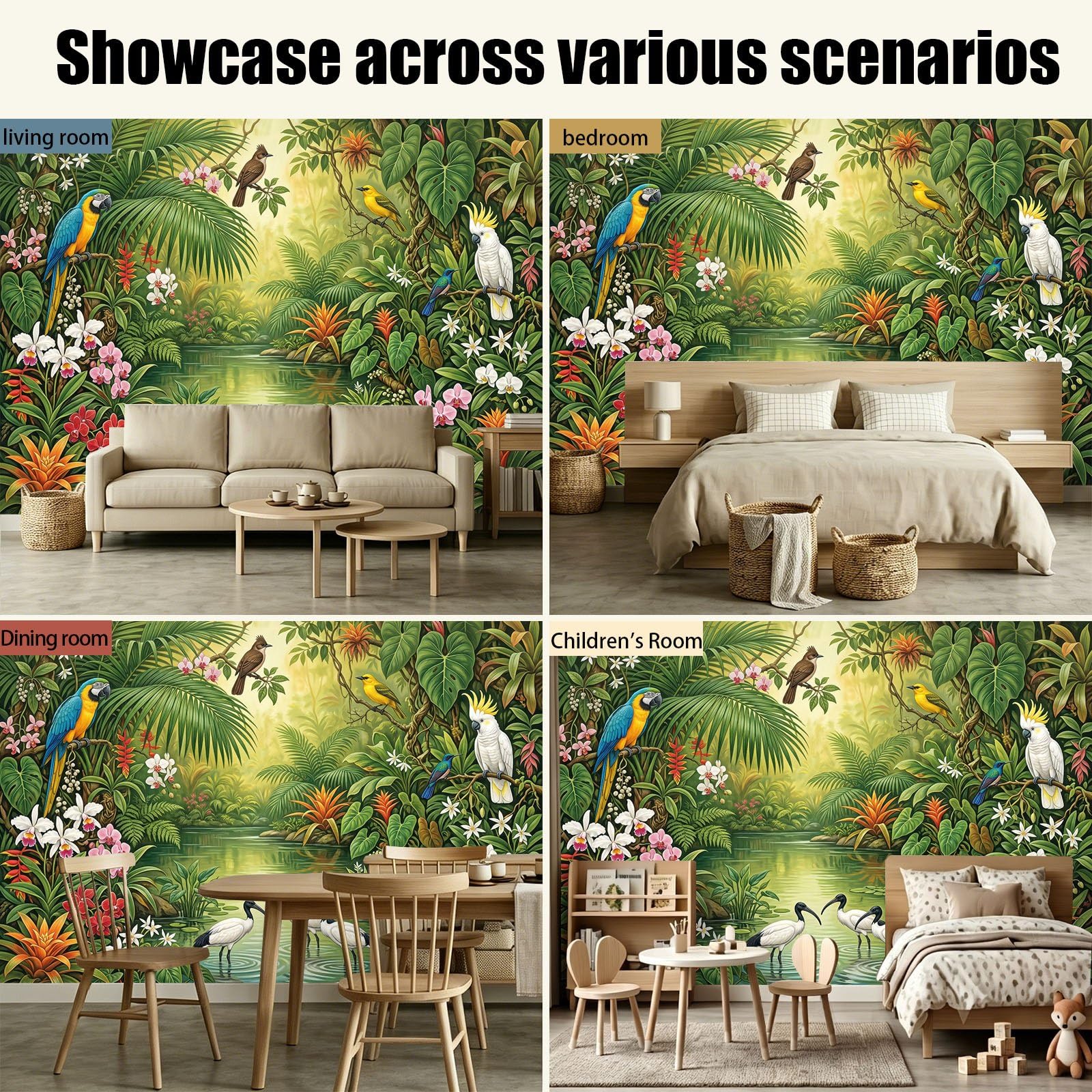 Papel pintado panorámico tropical selva pájaros, hojas de palmera, orquídeas, 350 x 256 cm