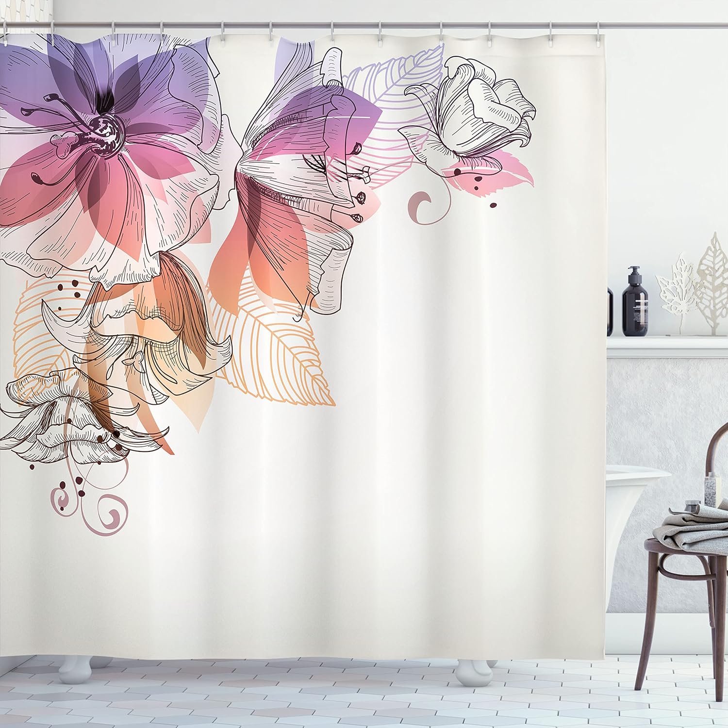 Ambesonne Flowers Shower Curtain, Buds Leaf at The top Left Corner Season Celebrating Theme Illustration, Cloth Fabric Bathroom Decor Set with Hooks, 69" W x 70" L, Purple Pink Peach