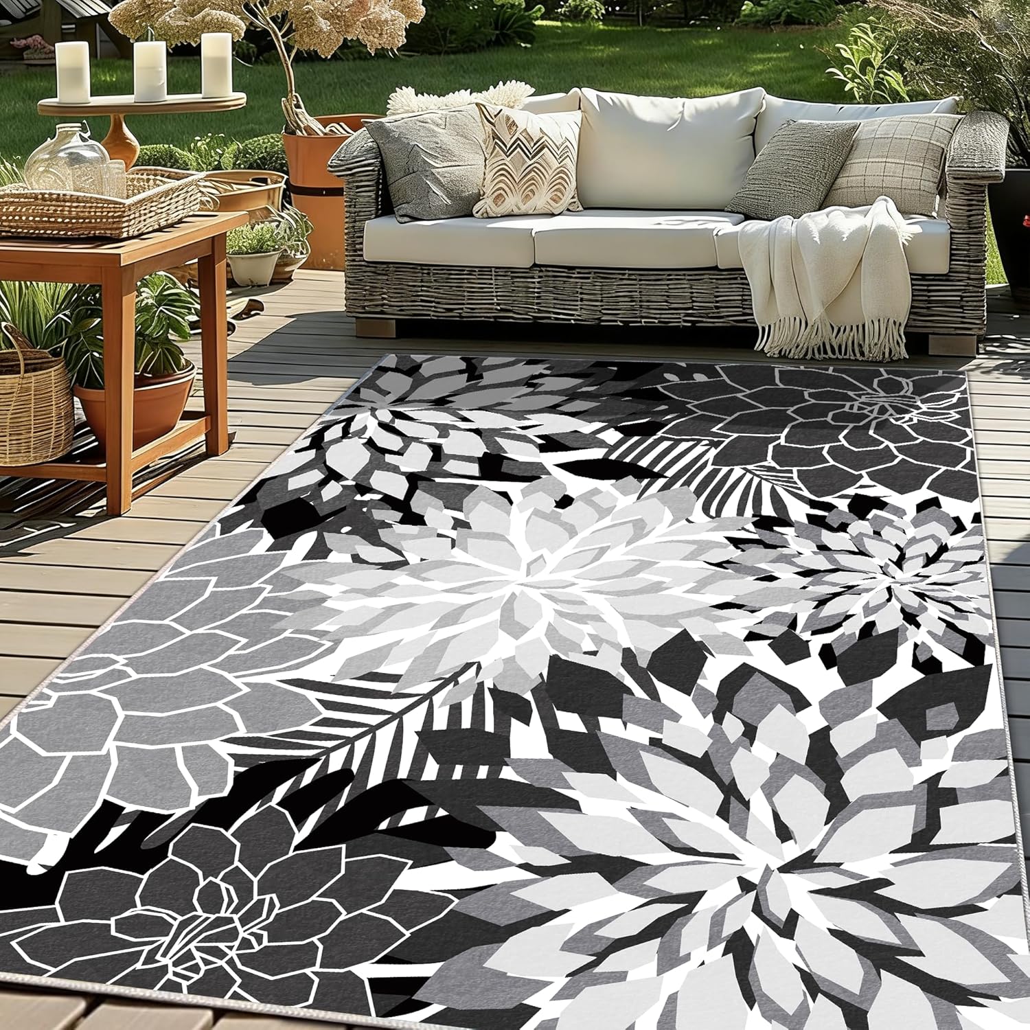 ZonLi Outdoor Rug 5x8Ft Waterproof Multicolored Black White Indoor Area Rug Washable Outdoor Patio Rugs Tropical Floral Non Slip Outdoor Carpet for Living Room, Pool,Backyard,Deck,Camping.