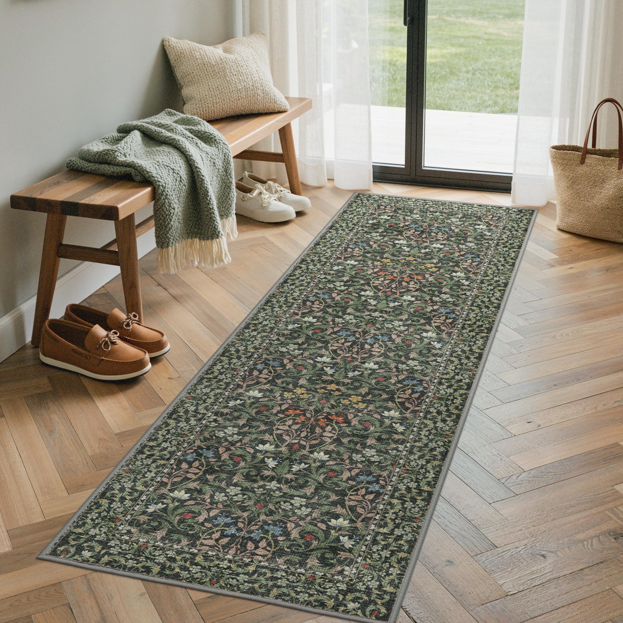 GENIMO Rug 90x150cm Charcoal Sage Washable Non-Slip Hallway Carpet Vintage โ image 1