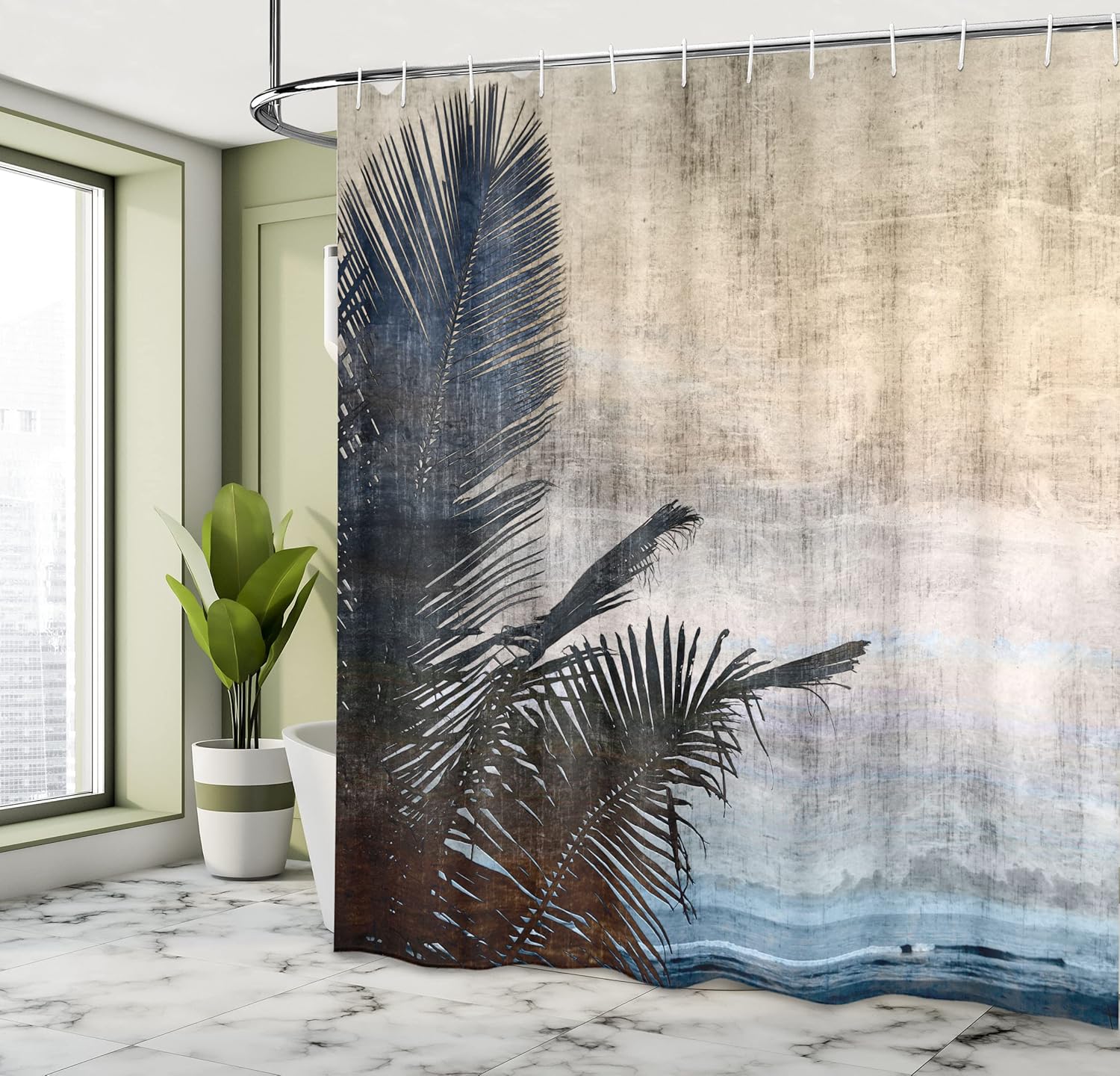 Ambesonne Hawaiian Shower Curtain, Palm Tree Leaves on Grunge Background with Sea Vintage Waterscape Illustration, Cloth Fabric Bathroom Decor Set with Hooks, 69" W x 84" L, Beige Navy