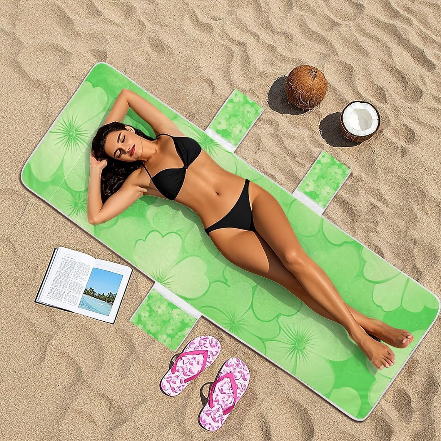 Green Flowers Patio Lounge Chair Covers Heavy Duty Outdoor Chaise Covers Slipcover with Pockets for Outdoor Pool Beach Sunbathing, 85" X 30"