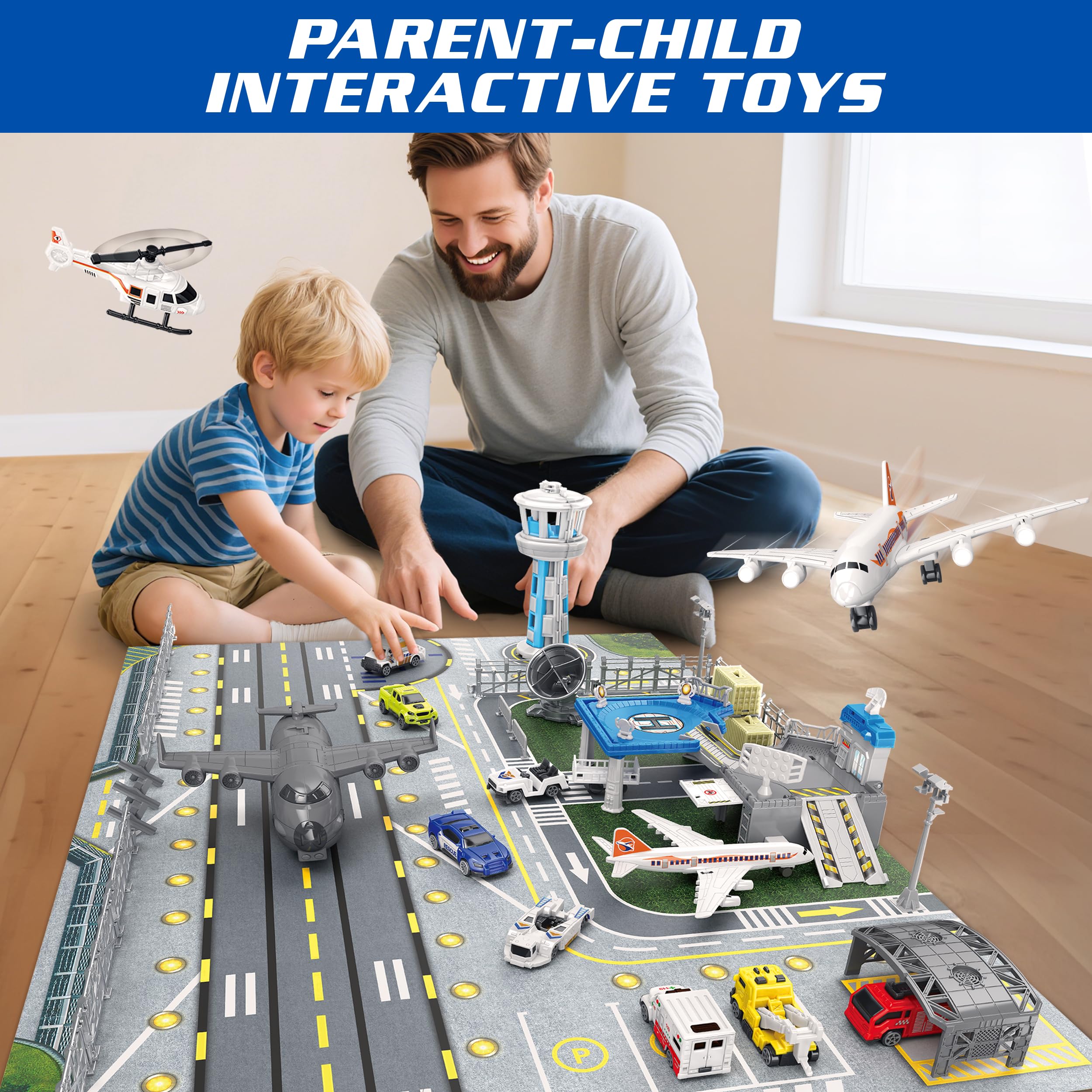 Set di giocattoli aerei con camion, elicottero, aerei e tappetino da gioco, giocattoli per l'aviazione aeroportuale per ragazzi e ragazze, ottimo regalo per compleanno e Natale