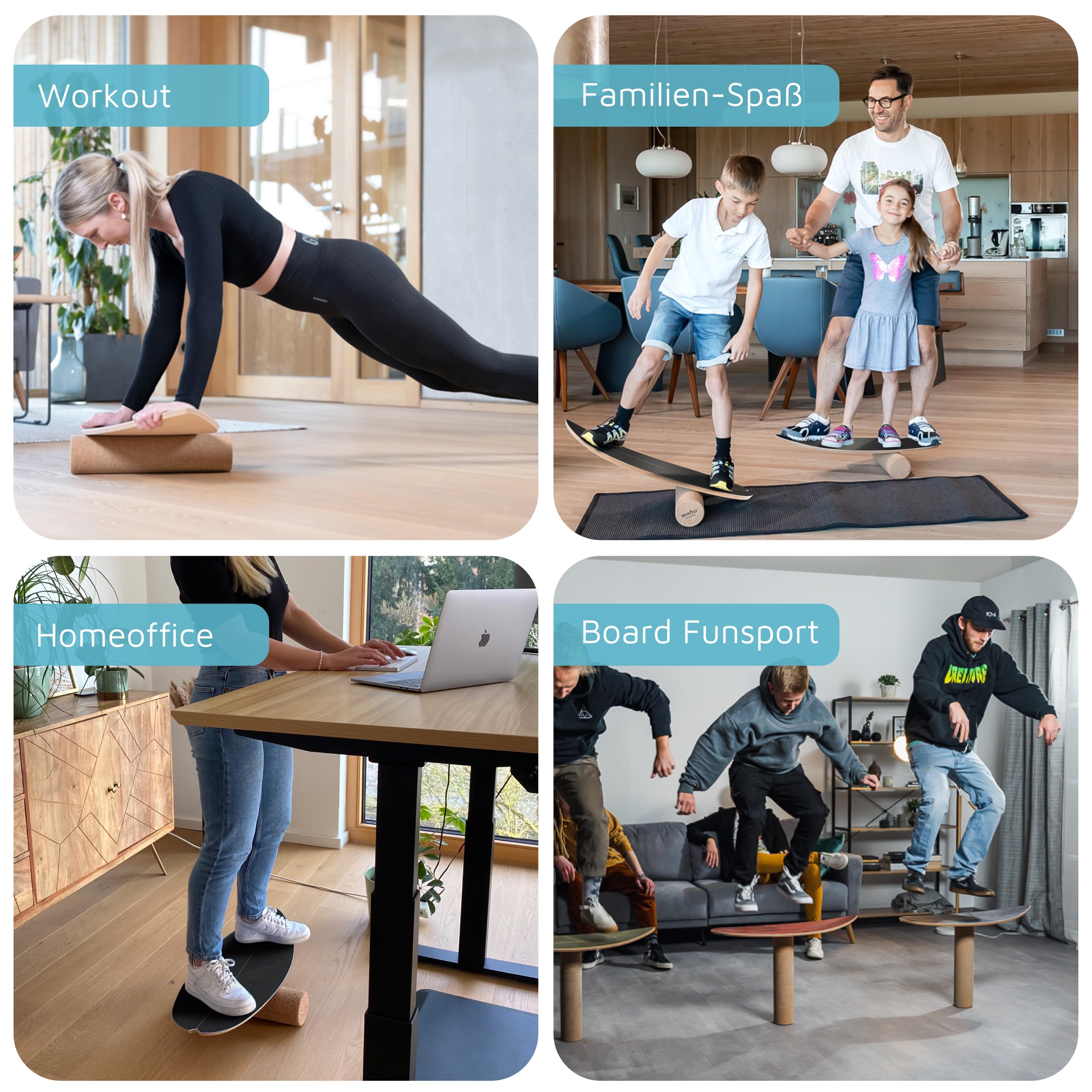 WAHU Balance Board Black Schwarz | 3in1 Set | Surf Balance Board aus 100% Holz mit Rocker Shape & Rolle | Gleichgewichtstrainer für Kinder & Erwachsene | Fitness & Spaß Zuhause