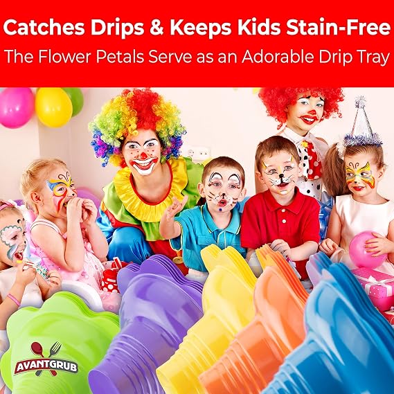 Leak Proof & Drip Catching, Super Cute Reusable 4oz Flower Snow Cone Cups with Straws 10 Pk, Colorful Easy Grip Bowls Perfect for Birthday Parties, Summer Cookout, Shaved Ice, Snack, Ice Cream