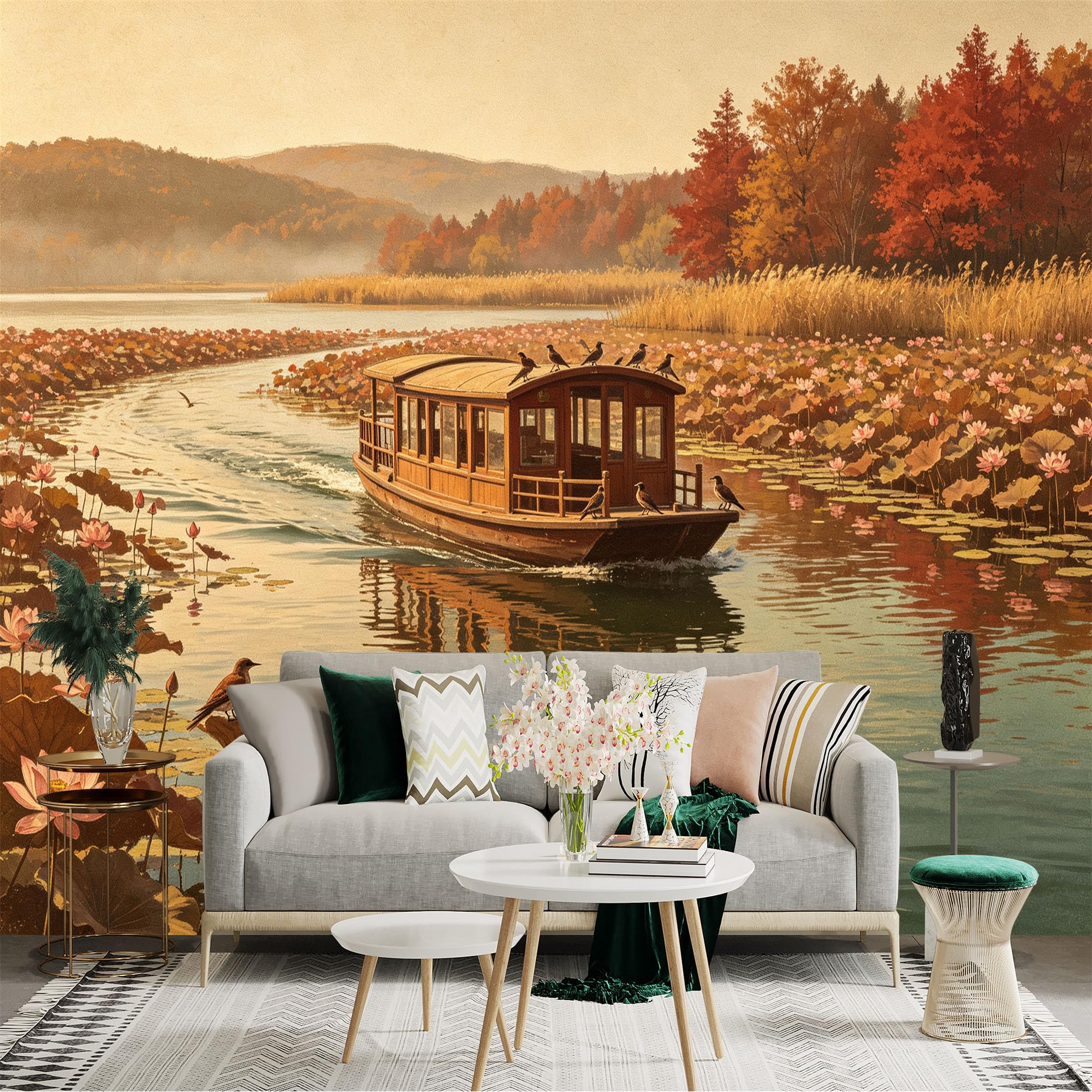 Custom Size Wall Sticker Mural， Antique Wooden Boat on Lotus Lake， Autumn Forest Scenery， Peaceful Nature Landscape， for wall Decoration， peelandstick wall Decals.