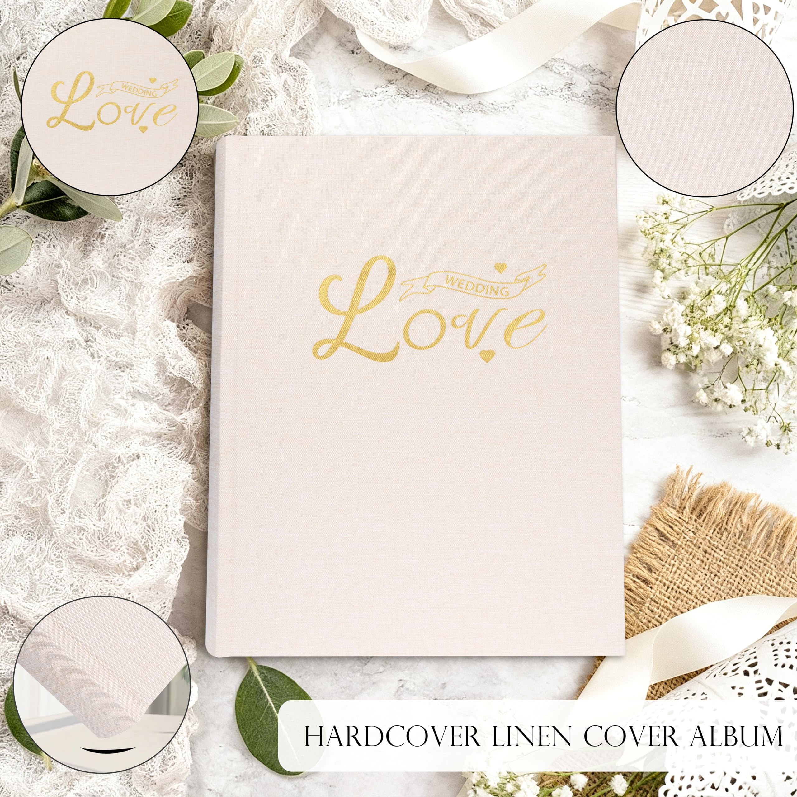 Album photo de mariage avec 450 pochettes pour photos horizontales – Album photo en lin pour souvenirs de mariage personnalisés, 10 x 15 cm (beige)