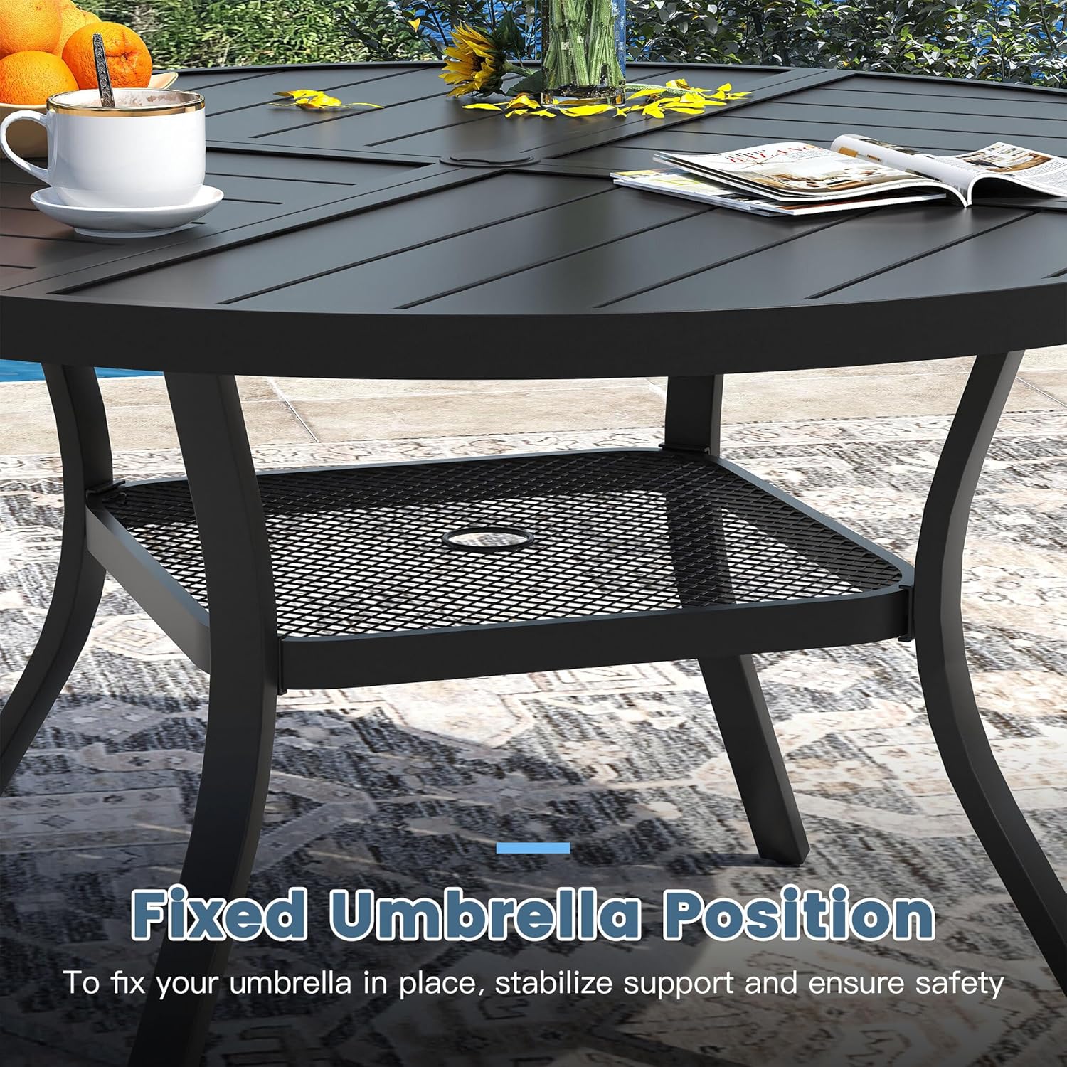 DIFY Patio Dining Set for 4, 5 Piece Outdoor Table and Chairs Set, 40.6" Black Round Metal Patio Dining Table and 4 Brown Textilene Stackable Patio Chairs, for Backyard Garden Poolside