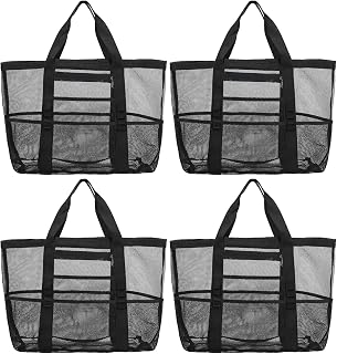 Tobeelec 4 Pack Black Large Mesh Beach Bag - Lightweight & Foldable Family Beach Bags, Beach Tote Bag for Family Beach Bag for Toys & Vacation Essentials