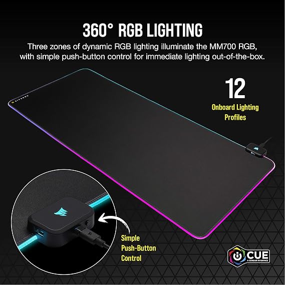 Corsair MM700 RGB Extended Cloth Gaming Mouse Pad - 36.6 x 15.8 - 360 RGB Lighting - Two USB Port Hub - Thick Rubber - Black