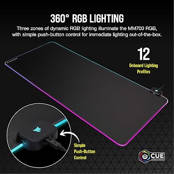 Corsair MM700 RGB Extended Cloth Gaming Mouse Pad - 36.6 x 15.8 - 360 RGB Lighting - Two USB Port Hub - Thick Rubber - Black
