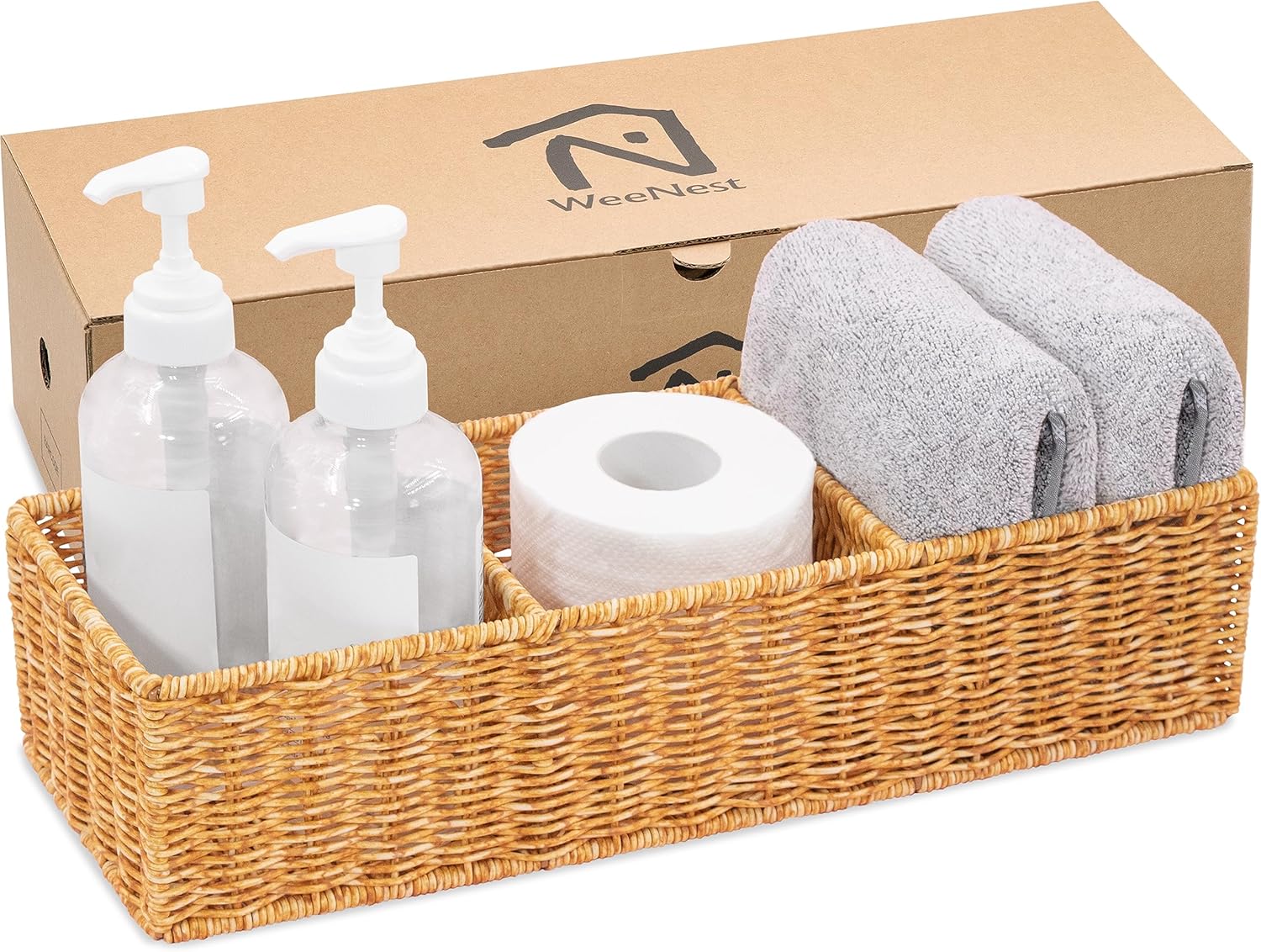 Wicker Basket with 3 Compartments, Toilet Storage, Bathroom Organizer Countertop, Resin Wicker 1pc, Toffee