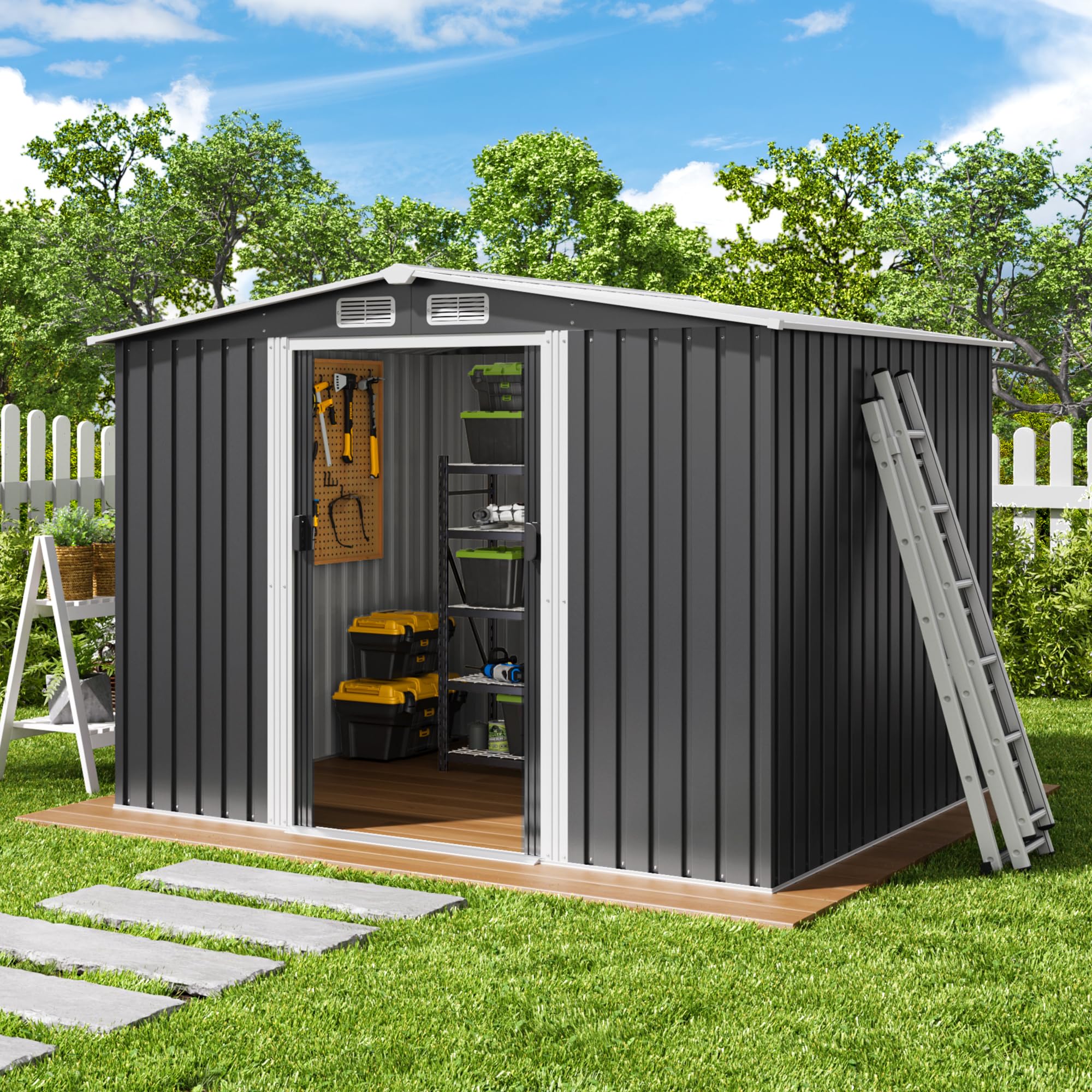 Xbro Abri à outils en métal 5 m², abri de jardin d'extérieur avec toit incliné et porte coulissante, abri à outils avec serrure et gants, 247 x 193 x 179 cm