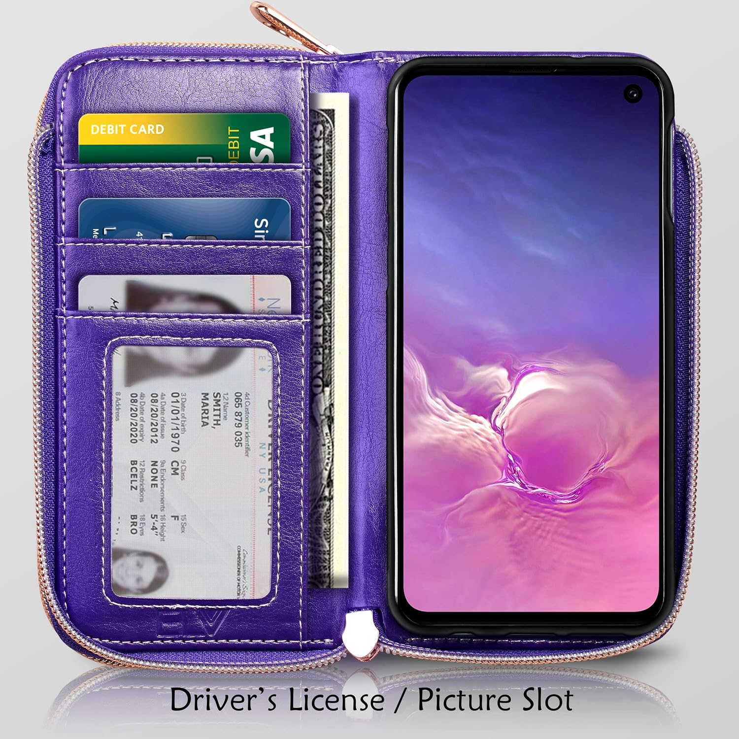 E LV PU Vegan Leather Handcrafted Wallet Purse Case for Galaxy S10E, Flip Folio Case with (Kickstand Function) and (Card Slots) for Galaxy S10E (Purple, Samsung S10E)