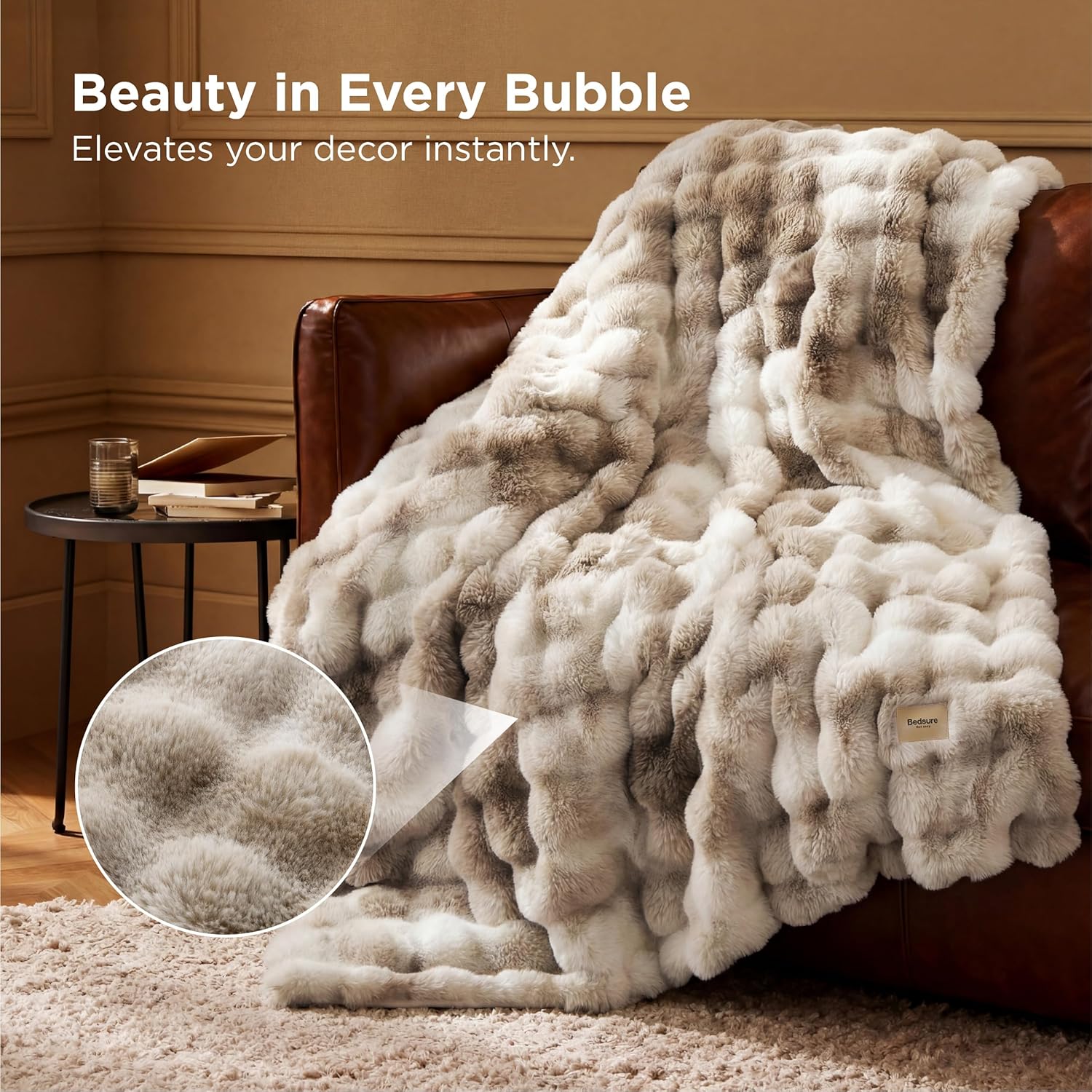 Bedsure GentleSoft Fluffy Fuzzy Tie-dye Taupe Throw Blanket for Bed, Soft Cozy Fleece Faux Fur Blanket for Couch, Taupe Room Decor Minky Velvet Sofa Cover, Women Gifts Thick Warm Plush Winter Bedding - Image 2