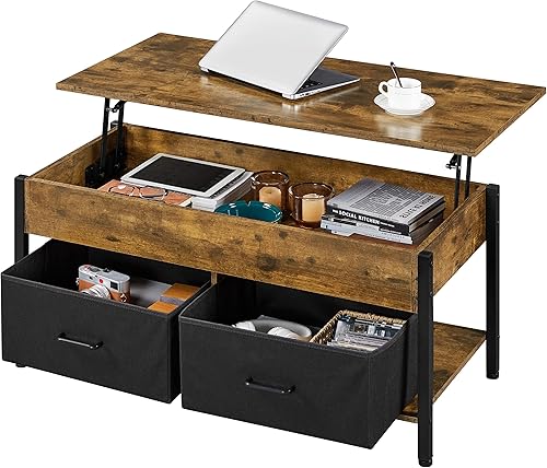 Miniatura 1 de Yaheetech Mesa de centro de madera con almacenamiento oculto y 2 cestas de tela para sala de estar mesa central elevable con marco de metal 415 x 20