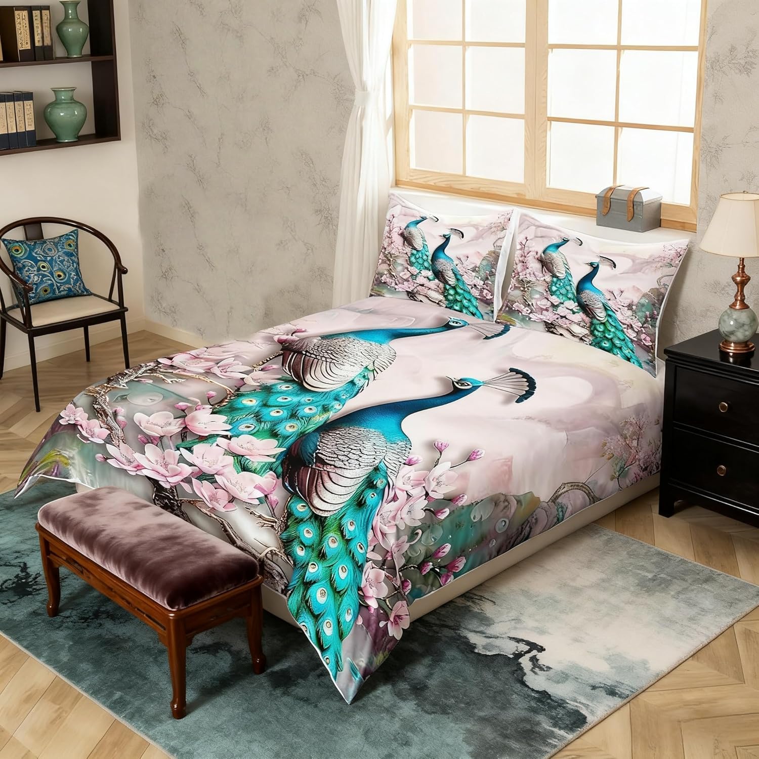 Peacock Bedding Duvet Cover Sets,Elegant Gorgeous Blue Feather Comforter Cover for Girls Women Pink Flower Soft Quilt Cover 2Pcs,Birds Animal Theme Decor Bedspread with 1 Pillowcase,Twin Size