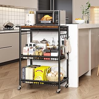 Microwave Kitchen Cart with Push Handle, 3 Tier Rolling Cart with 2 Lock...