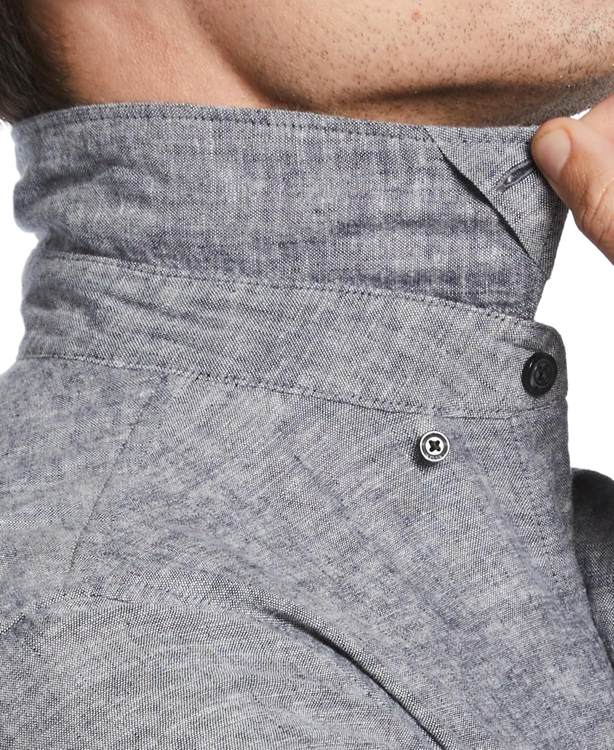 Perry Ellis Mens Untucked Slim Fit Linen Blend Rolled-Sleeve Stripe Shirt with Stand Collar and Striped Detail - Image 3