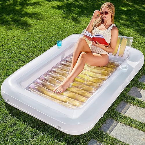 Miniatura 21 de Flotador inflable para piscina de bronceado Sloosh, 70" x 46" flotadores de piscina, tamaño adulto con almohada, 4 en 1 balsa de baño de bronceado,