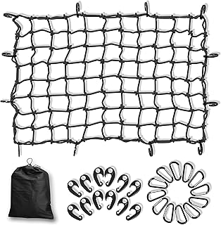3'x 4' Truck Bed Cargo Net for Cars & SUVs, Small Truck Bed Net Stretches to 6'x 8', Cargo Net for Pickup Truck Bed with 24 Hooks, for Frontier & Tacoma Accessories
