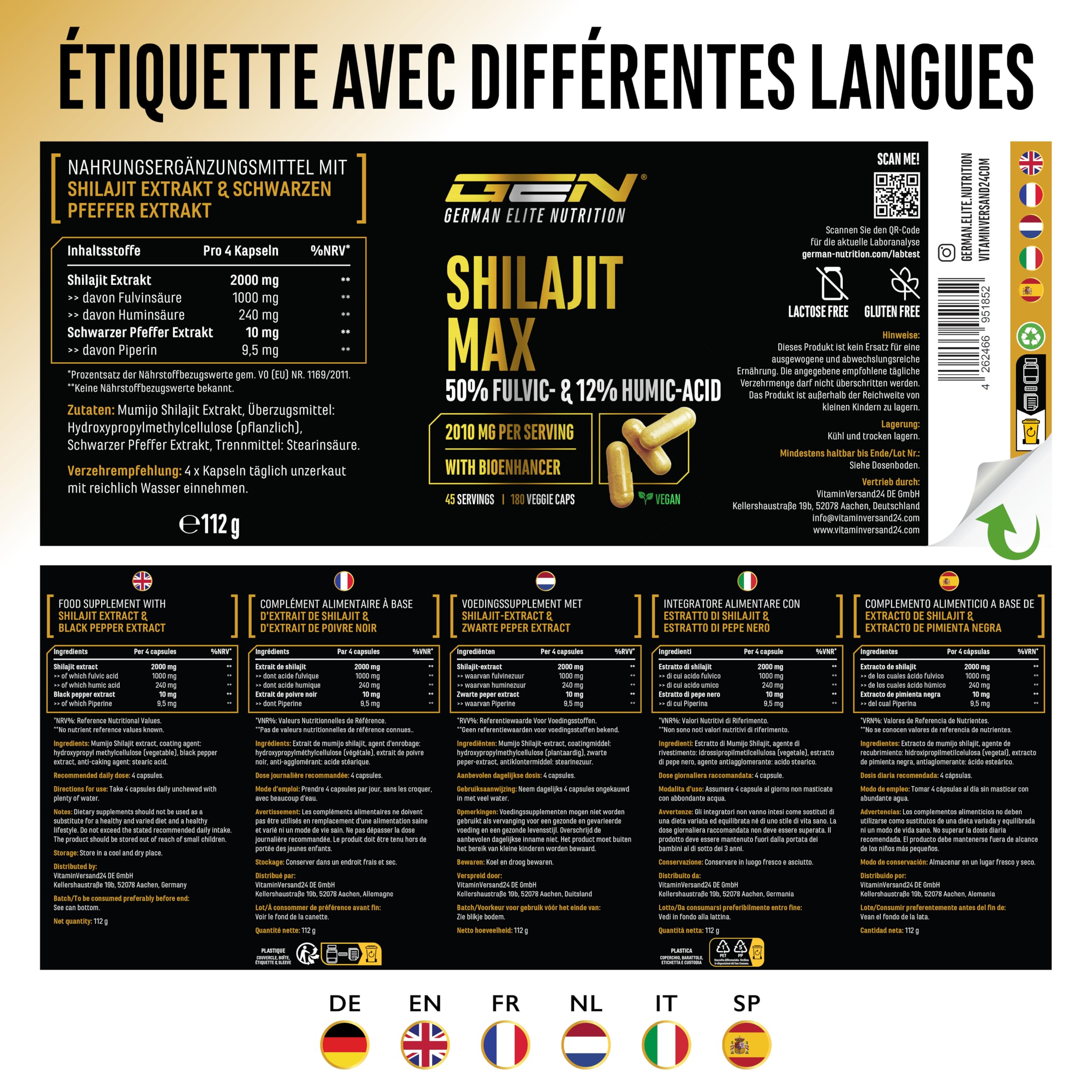 Mumijo Shilajit Max - 180 capsules à Haut Dosage avec 2000 mg par Dose Journalière - Extrait Original 10:1 avec 50% d’Acide Fulvique + 12% d’Acide Humique + Bioenhancer - sans Additifs Inutiles, Végan