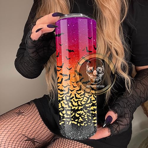 Miniatura 2 de Ombre Sunset Bats Faux Glitter 20oz Stainless Steel Double Wall Skinny Tumbler with Plastic Lid and Straw Witchy Gifts for Women