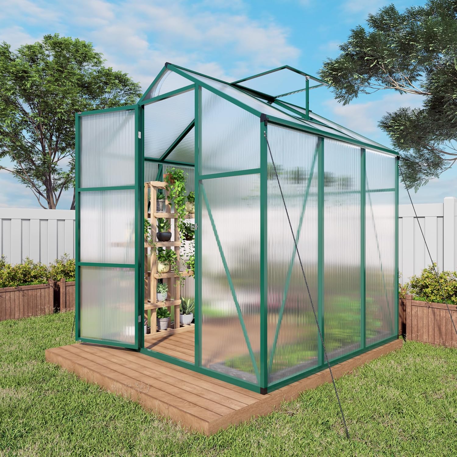 Greenhouse for Outdoors 6.1x4.1x7.2 FT, Polycarbonate Greenhouses with Roof Vent, Lockable Door and Ground Nails, Heavy-Duty Aluminum Walk-in Green House, Large Sunroom for Garden, Green