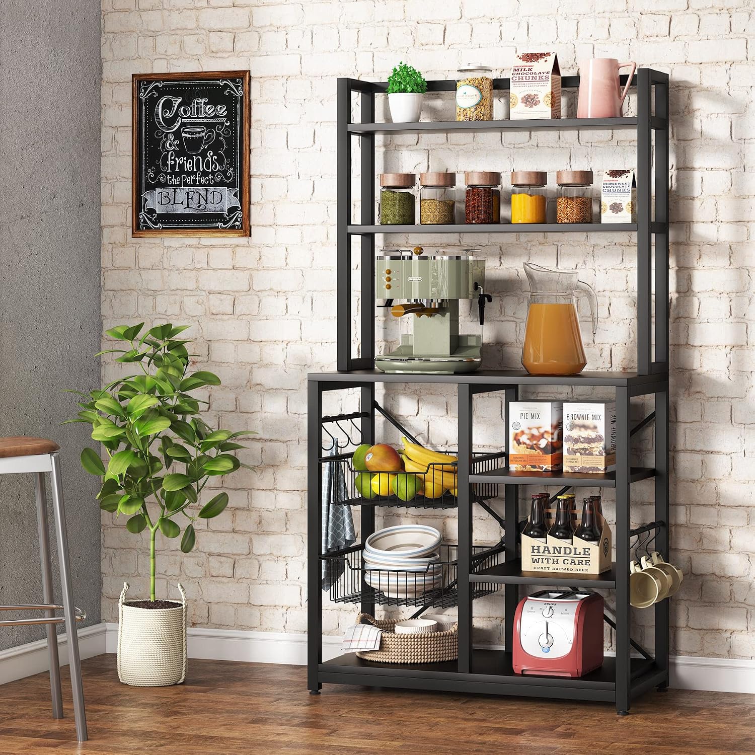 Tribesigns 6-Tier Kitchen Baker's Rack with 6 Hooks and Hutch, Free Standing Microwave Oven Stand with 2 Wire Baskets, Utility Storage Shelf Kitchen Island (Black)