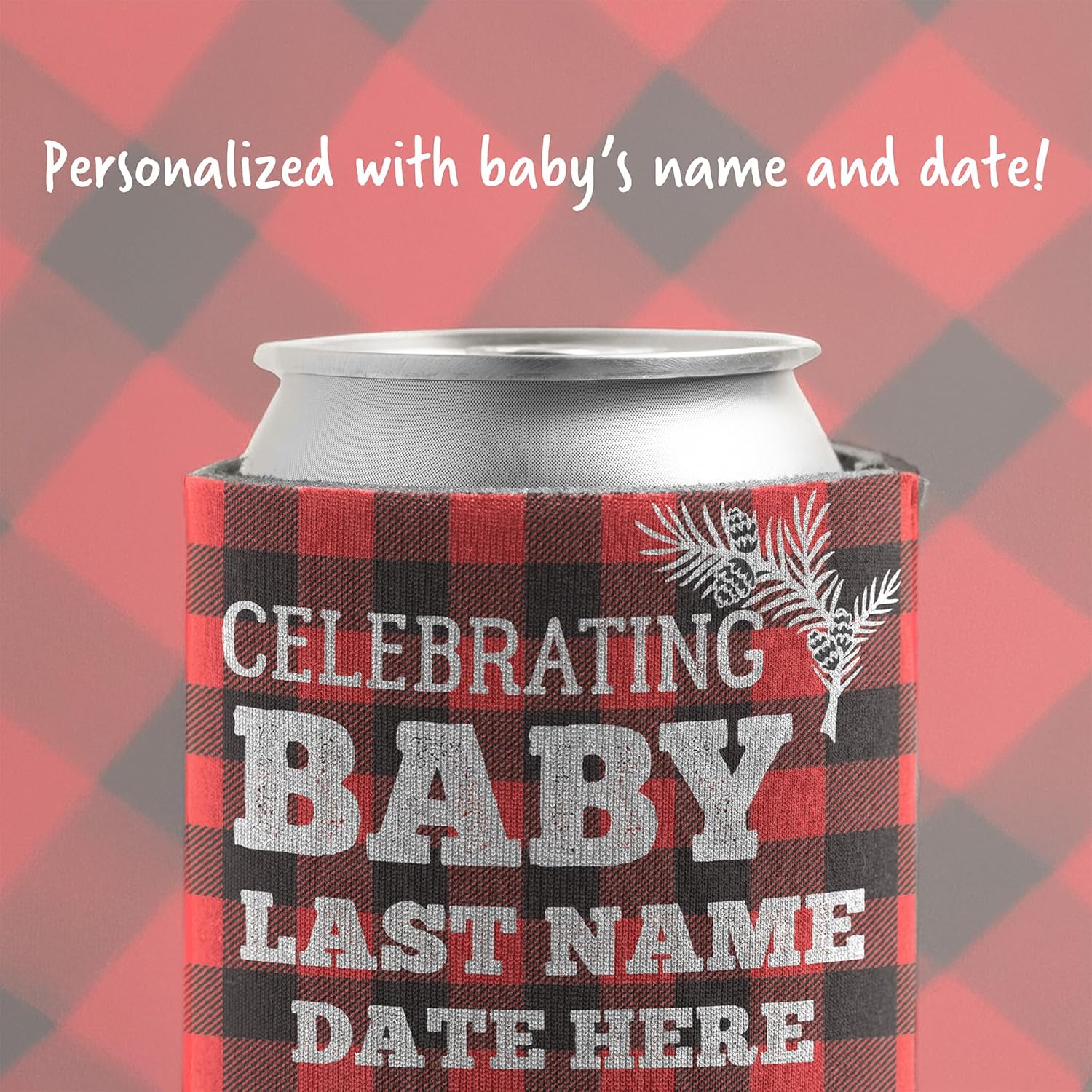 VictoryStore Custom Baby Shower Can Coolers – “We Can Bearly Wait” Buffalo Plaid Design – Set of 12 Personalized Lumberjack-Themed Coolies – Fits 12 oz Cans & Bottles