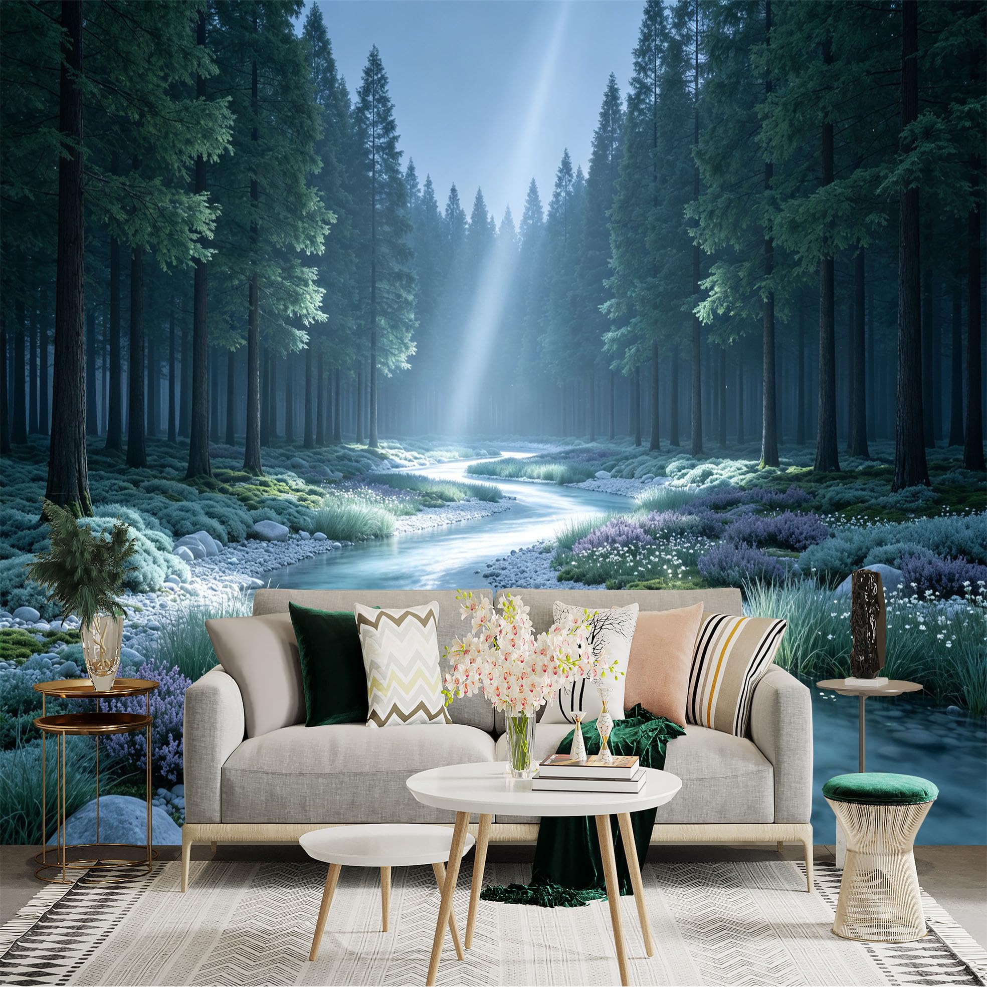 Lnzczhyre Bh260719644 Custom Size Wall Sticker Mural， Serene Forest Stream With Sunbeams， Tranquil Woodland Landscape， Misty River， Nature Scenery， For Wall Decoration， Peelandstick Wall Decals.