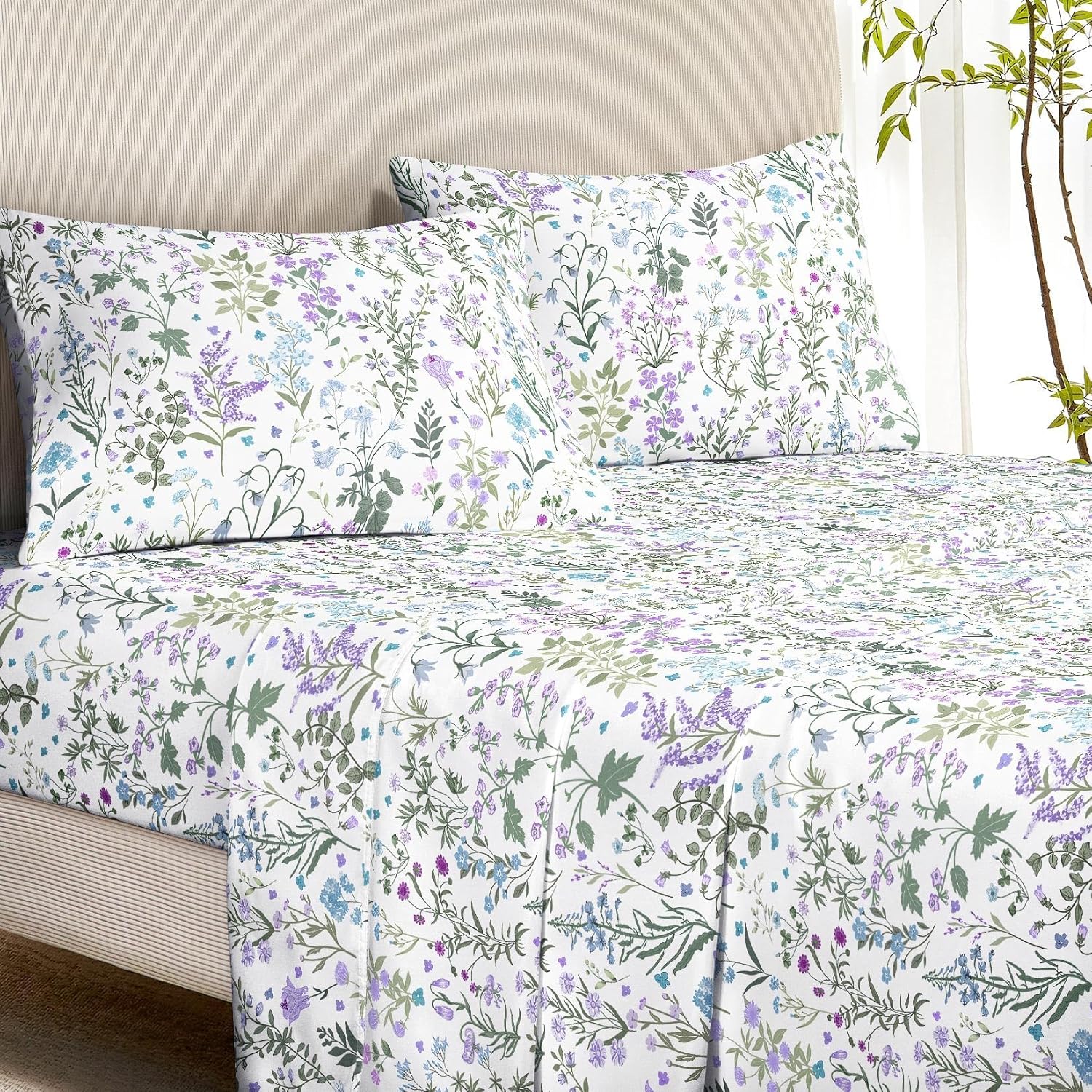 Wake In Cloud - Floral Bed Sheets, 4-Piece Sheet Set, Botanical Flower Shabby Chic Pattern Printed Cottagecore Vintage Aesthetic Bedding, Deep Pocket, Purple White, Queen Size