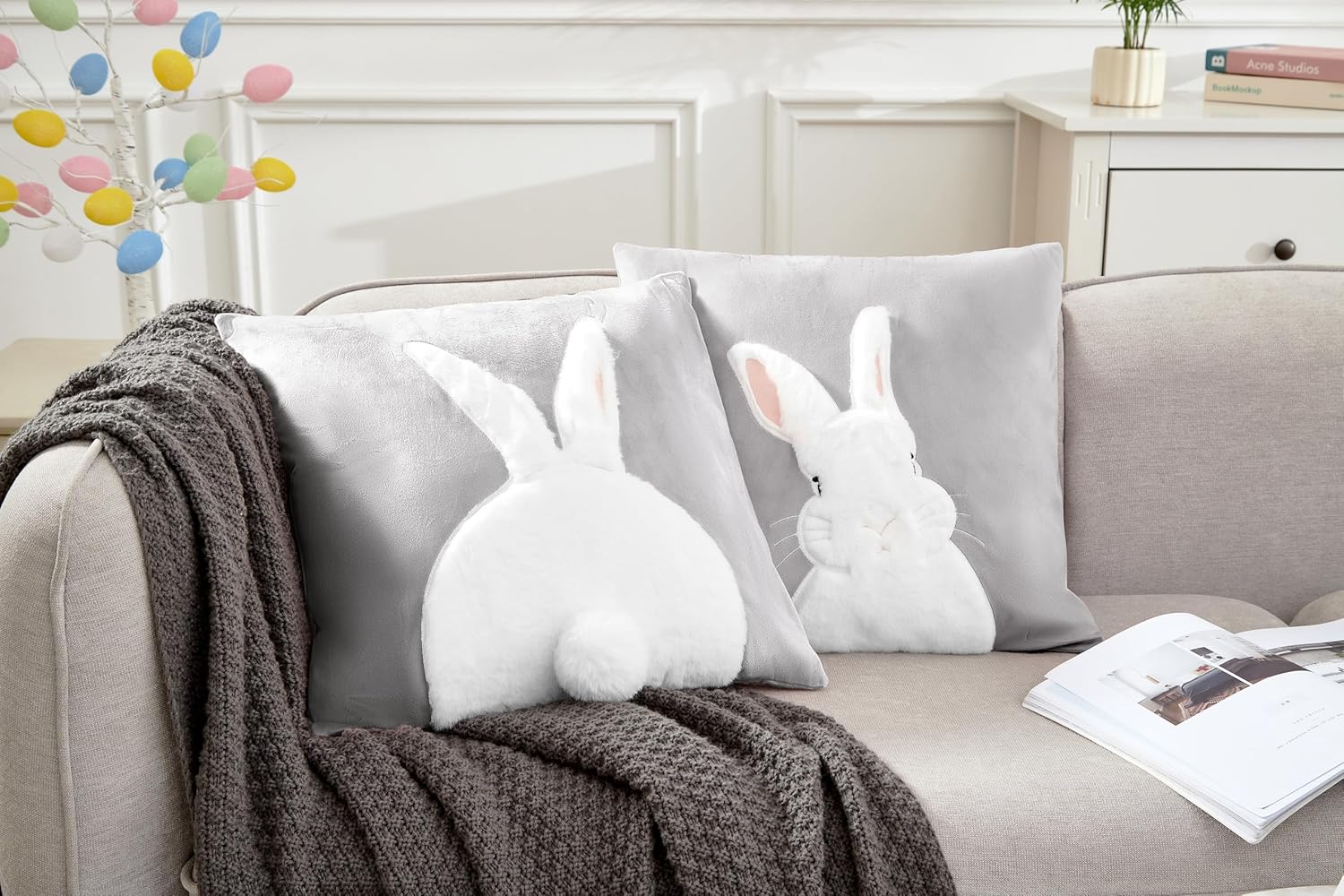 Pack of 2 Spring Easter Pillow Covers 18x18 Inch,3D Embroidered Bunny Rabbit Pillowcase Throw Covers Velvet Easter Decorative Cushion Cover (Light Gray -2PCS)