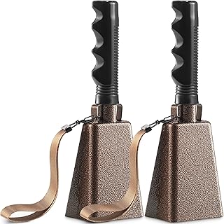 9" Metal Cowbells with Handle - (2 Pack) Cow Bells Loud Cheering Noise Makers for Sporting Events, Football Games, School Spirit, Rallies & Celebrations - Copper Steel Percussion Music Instrument