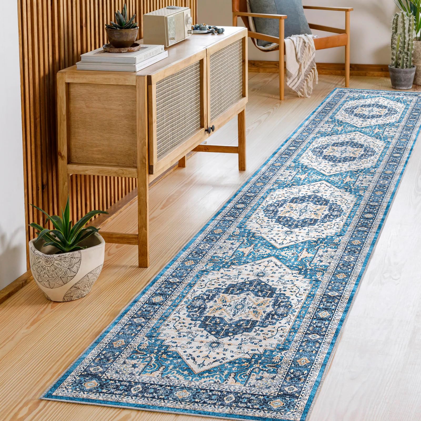 Tappeto Passatoia Lunga 4,8 Metri Grigio E Blu - Moderno A Pelo Corto Antiscivolo Per Cucina Corridoio