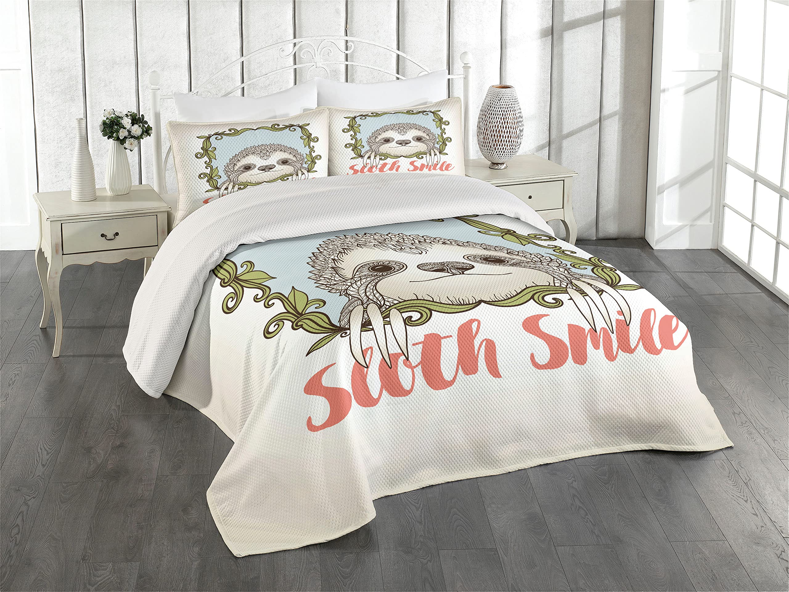 Ambesonne Sloth Coverlet, Exotic Animal in Floral Frame Sloth Smile Theme with Mammal Portrait, 3 Piece Decorative Quilted Bedspread Set with 2 Pillow Shams, King Size, Olive Green Blue Pink