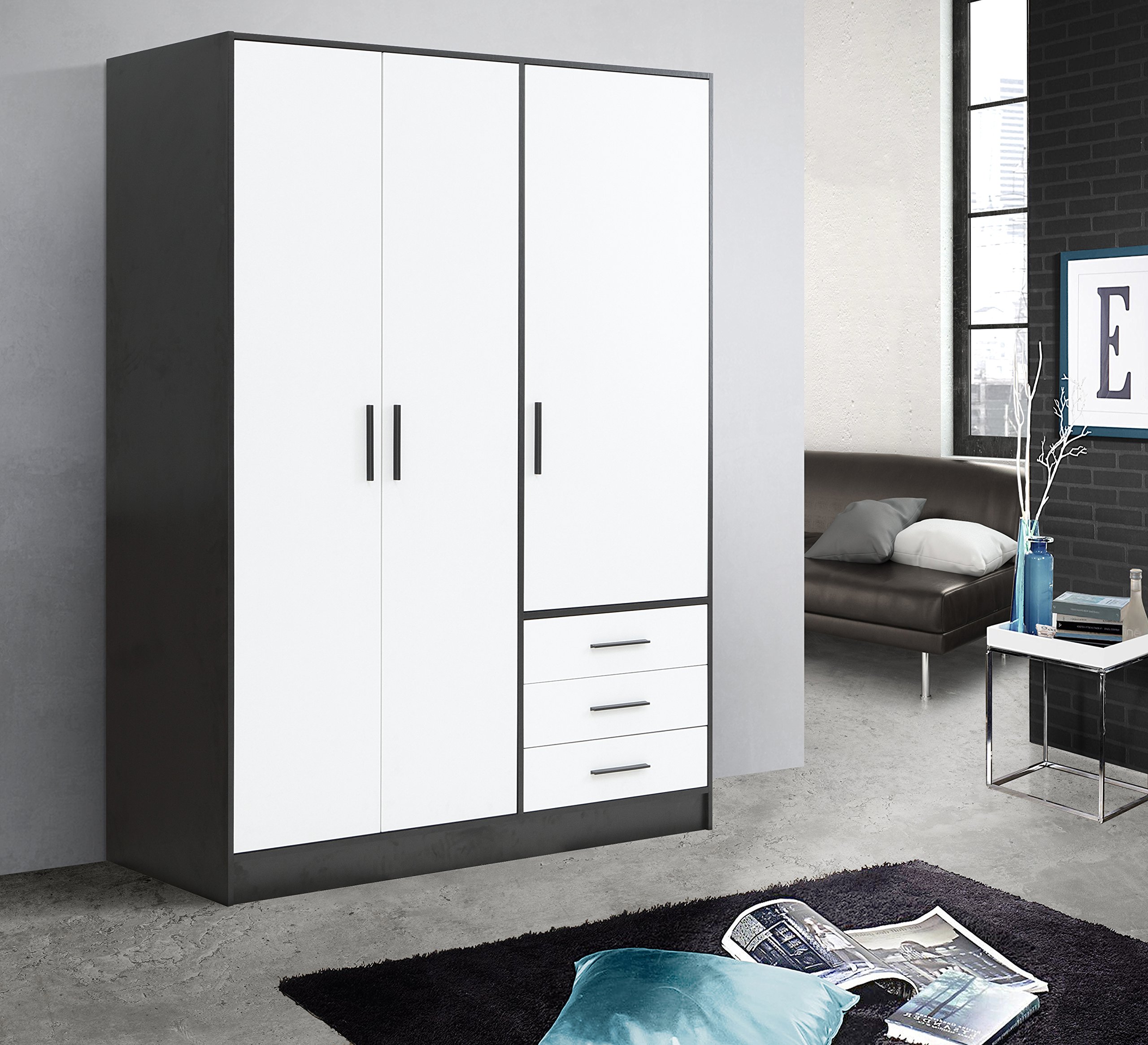 Armoire 3 Portes Avec 2 Tiroirs - Noir Et Chêne Catania, 145x53x200 Cm - Rangement Vêtements Spacieux, Montage Facile - 4