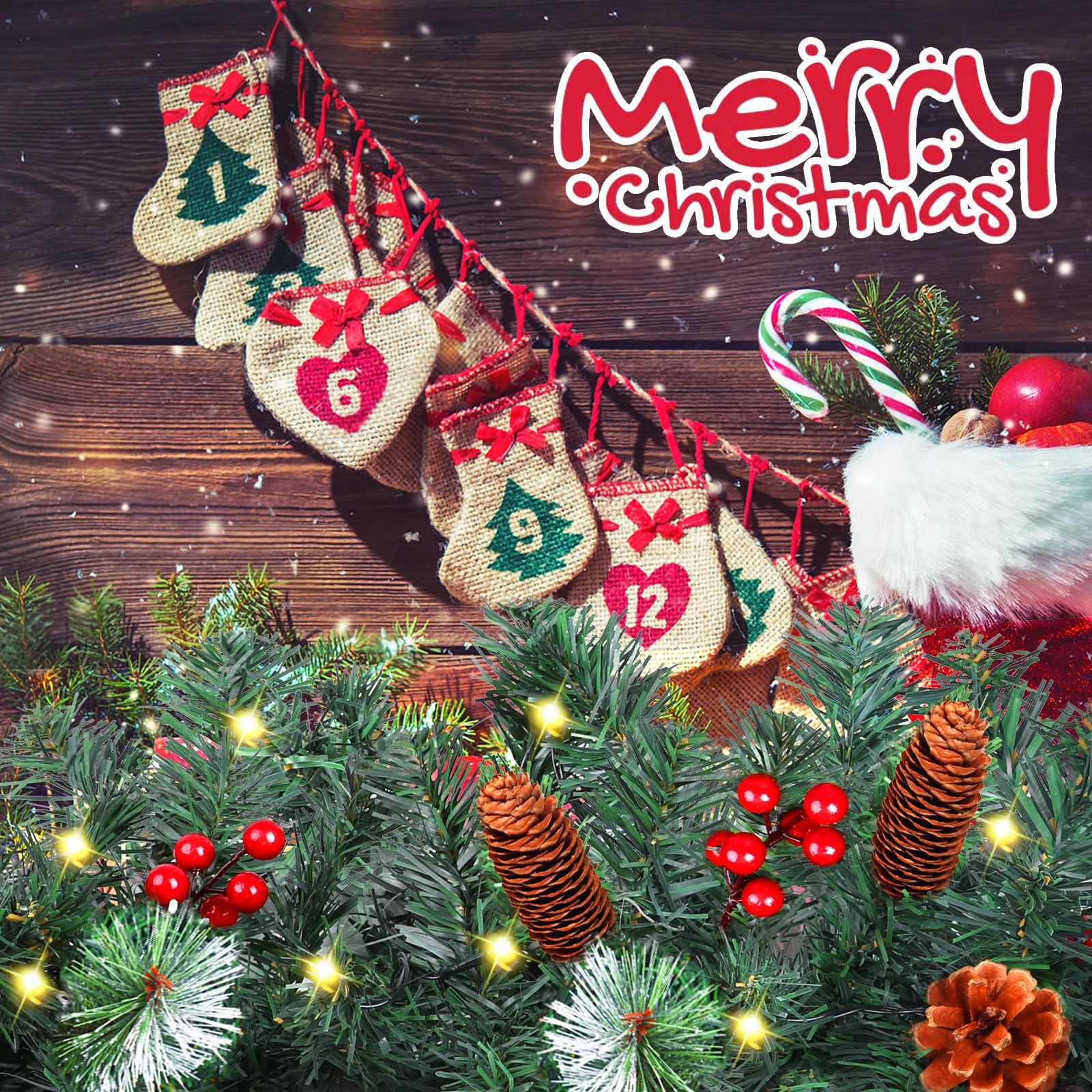CCINEE Guirlande de Noël artificielle pré-éclairée de 2,7 m, guirlande de Noël à piles avec 50 lumières LED, guirlande de Noël éclairée avec pommes de pin et baies rouges pour décoration intérieure et