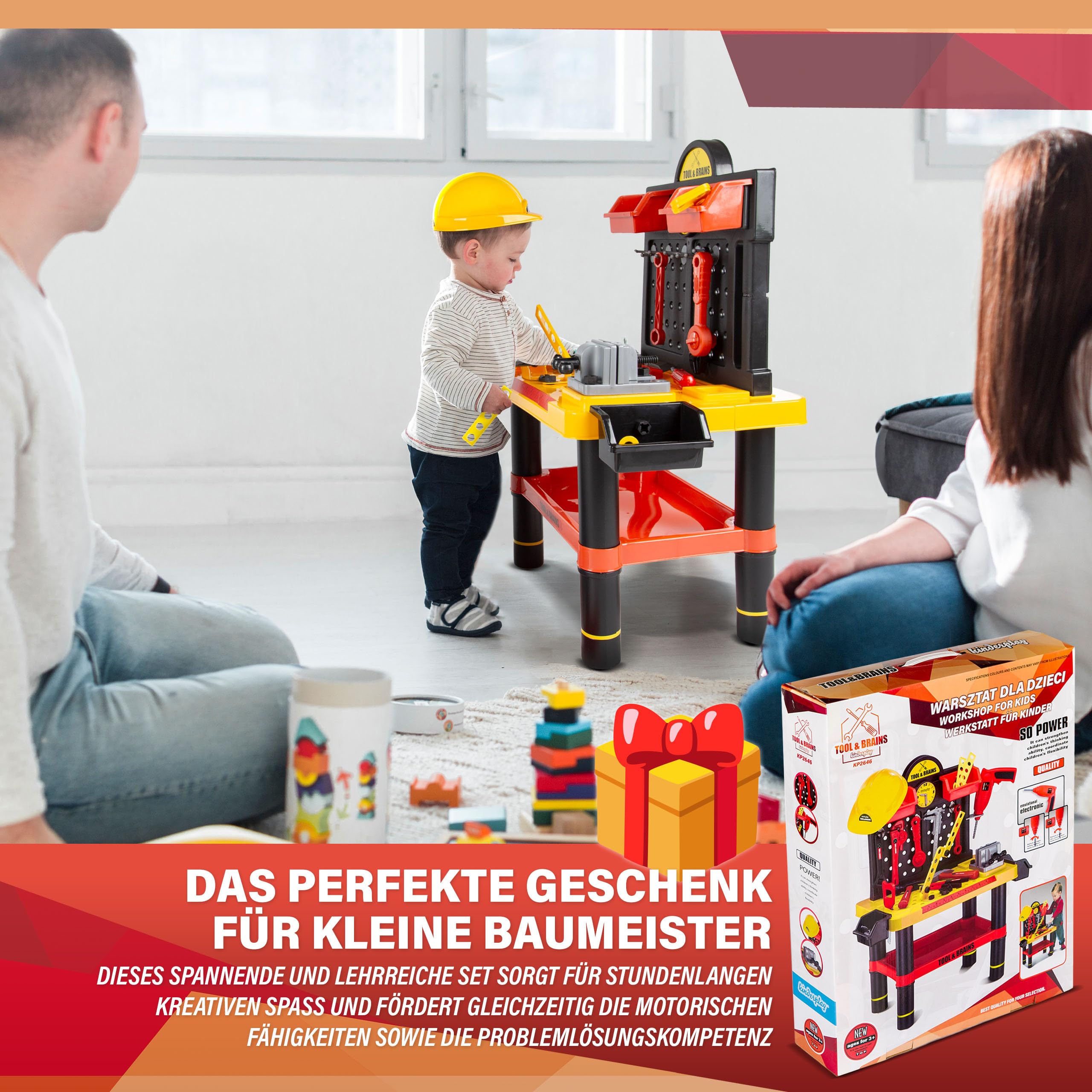 Kinderplay Warsztat dla Dziecka - warsztat dla dzieci, zestaw majsterkowicza z wiertarką i kaskiem, KP2646
