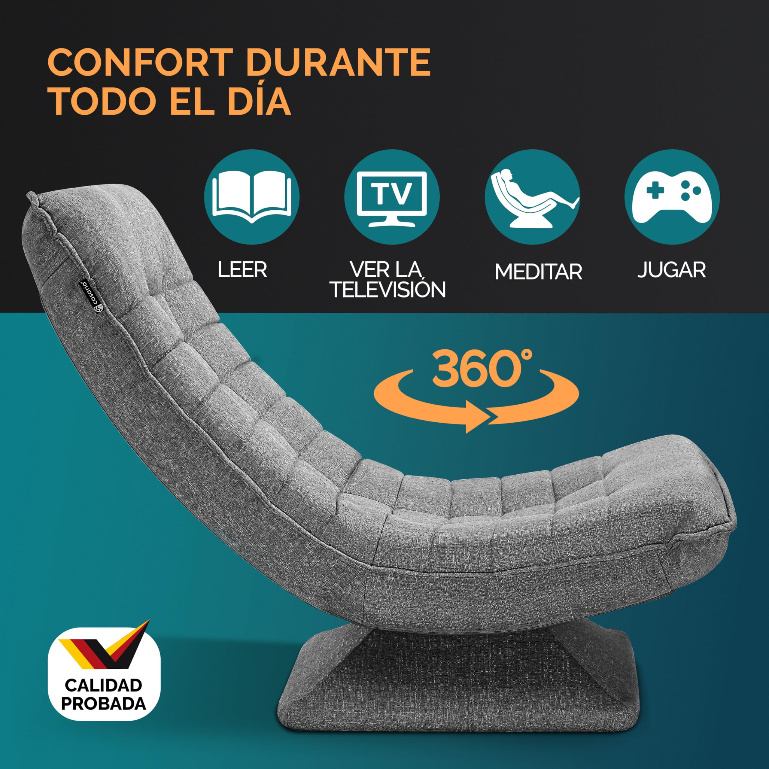 CASARIA® Sillón Relax Respaldo Ajustable 5 Posiciones Ergonómico Giratorio 360° Manual Carga 150kg Silla de Suelo Plegable Tapizado Gris 60x105x87cm