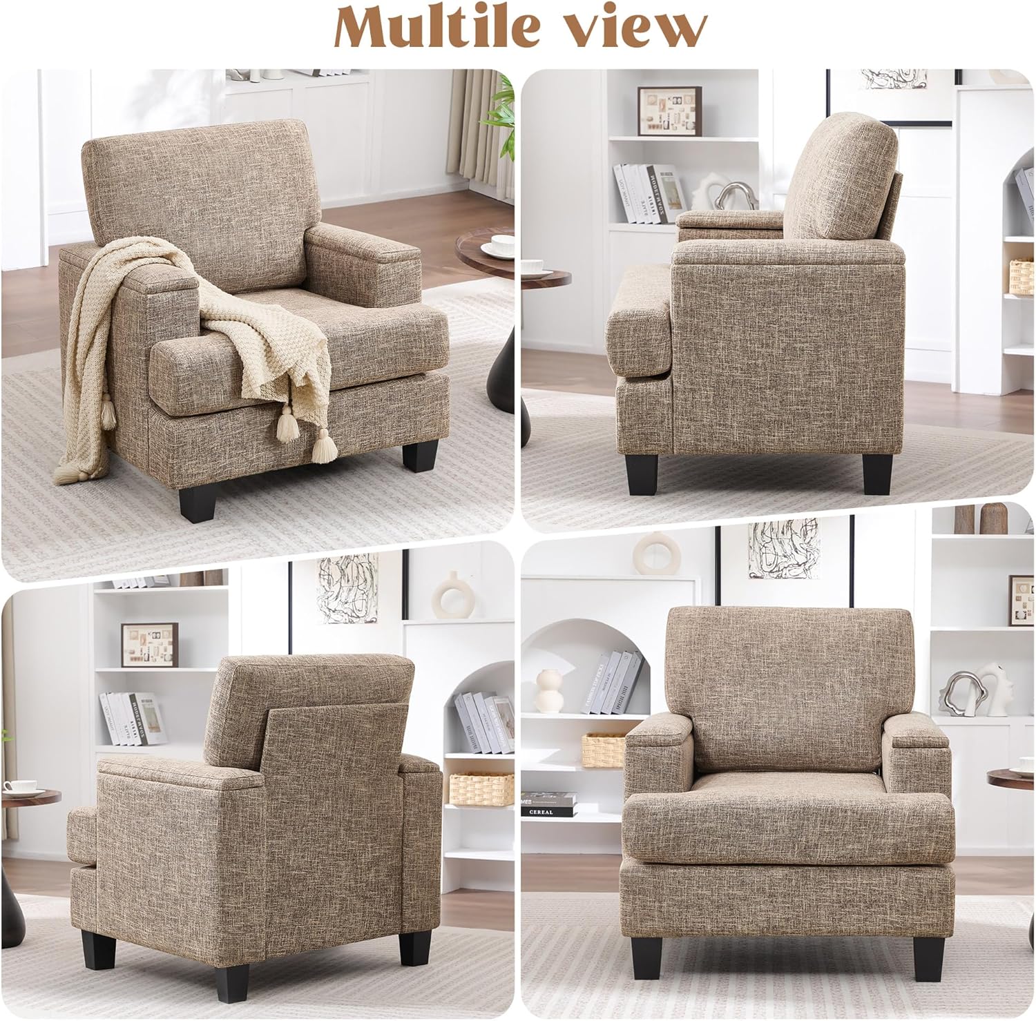 Accent Chairs Set of 2 with Armrest Storage, Modern Upholstered Reading Living Room Chairs, Comfy Large Armchairs, Fabric Single Sofa Chair for Bedroom (Yellowish Brown)